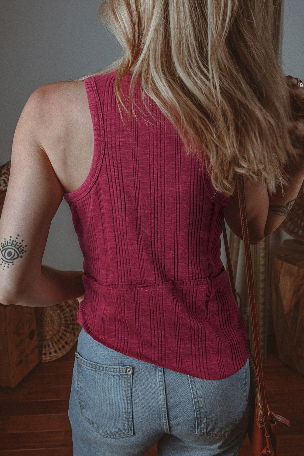 Red Dahlia Ribbed Textured Exposed Stitching Knit Tank Top