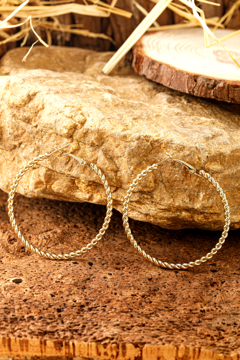 Gold Twisted Detail Plated Alloy Large Hoop Earrings