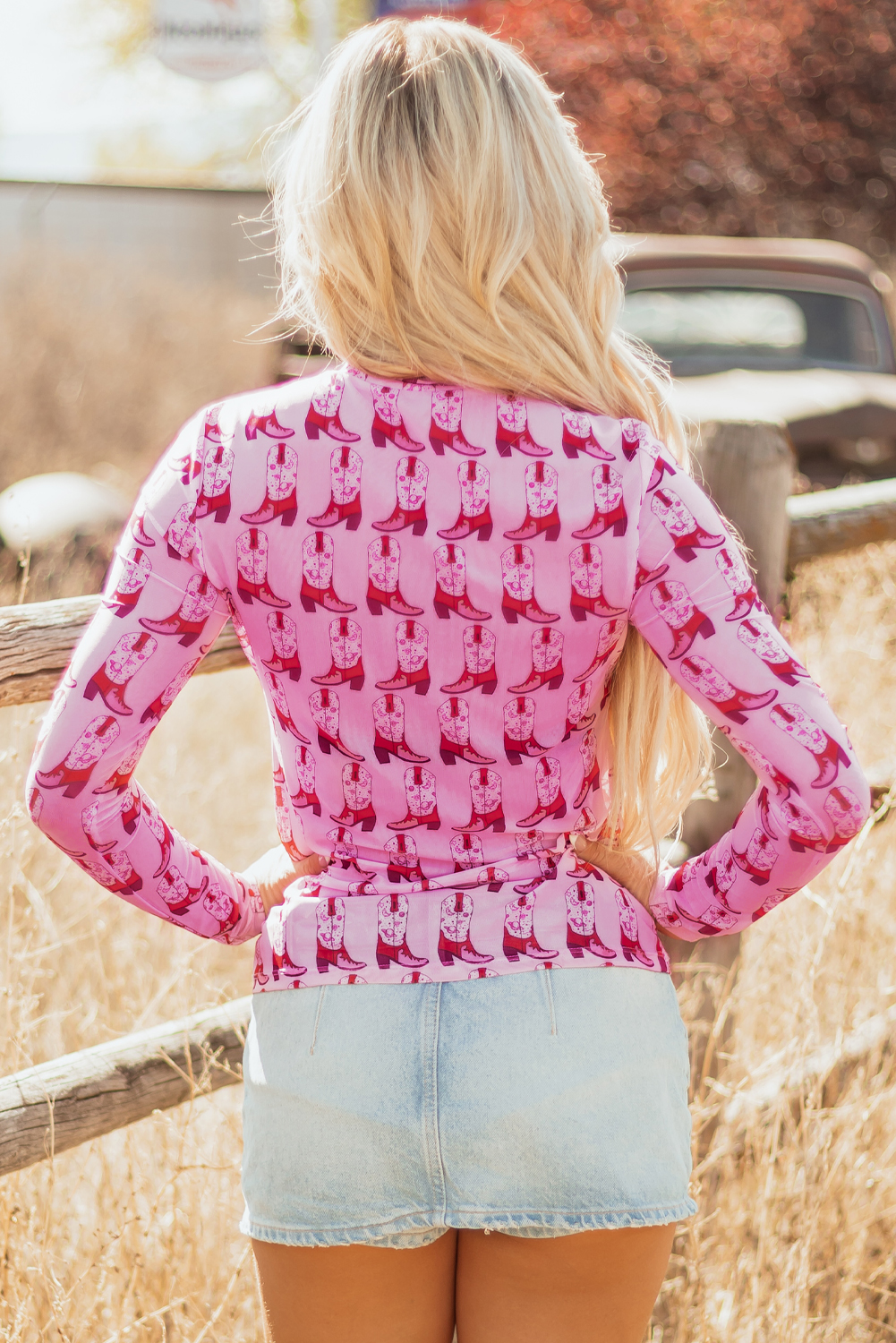 Pink Cowgirl Boots Printed Mock Neck Long Sleeve Mesh Top
