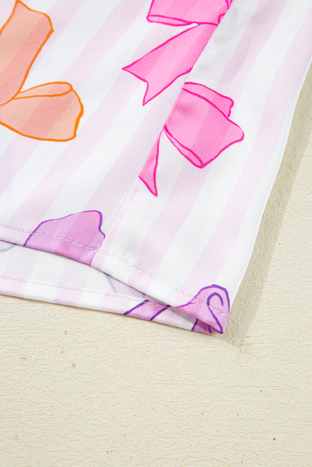 Pink Striped Bow Print Contrast Piping Trim Shirt and Pants 2pcs Pajama Set