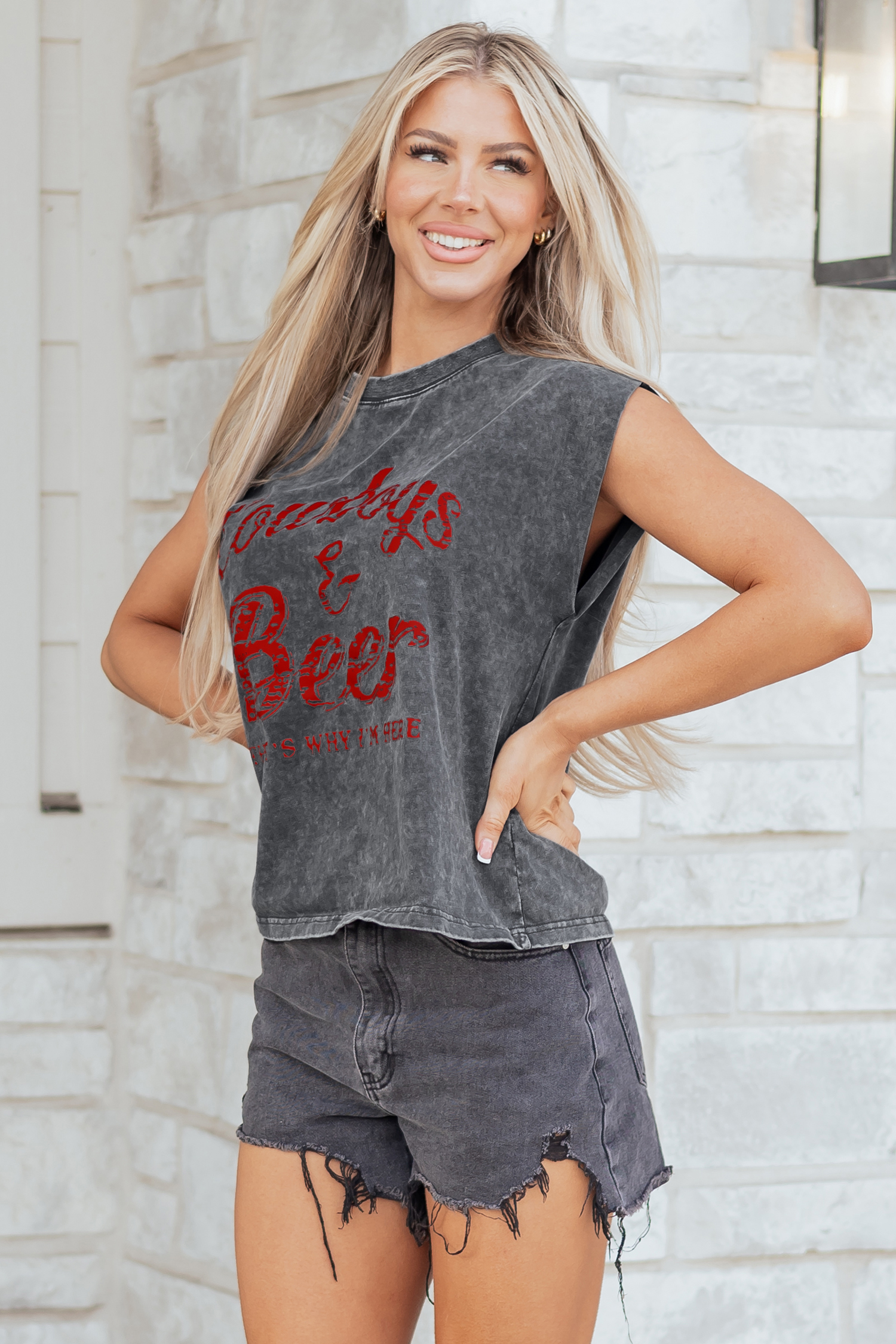 Smoke Gray Cowboy & Beer Western Graphic Mineral Wash Tank Top