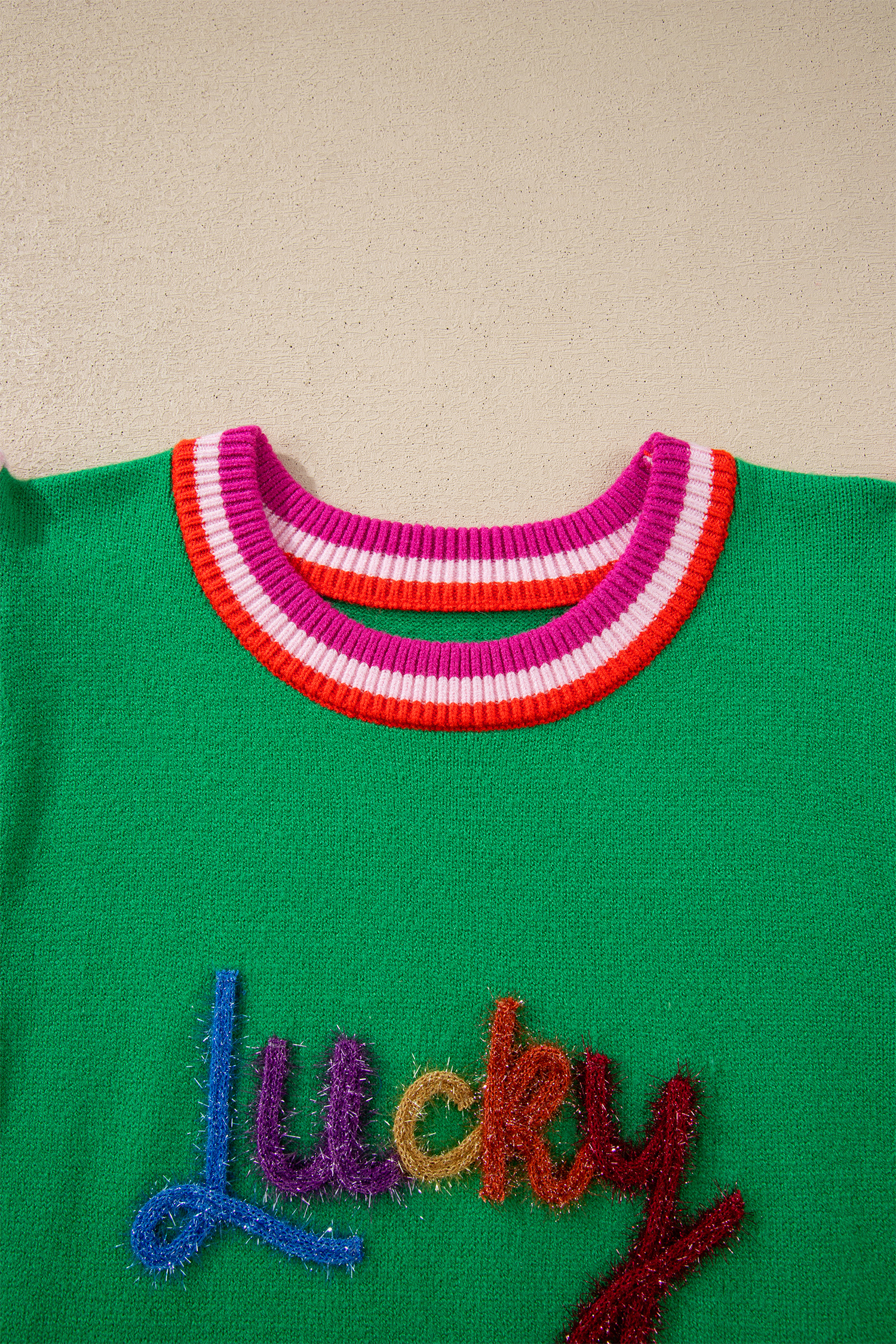 Bright Green Shiny Lucky Striped Flutter Sleeve Round Neck Sweater
