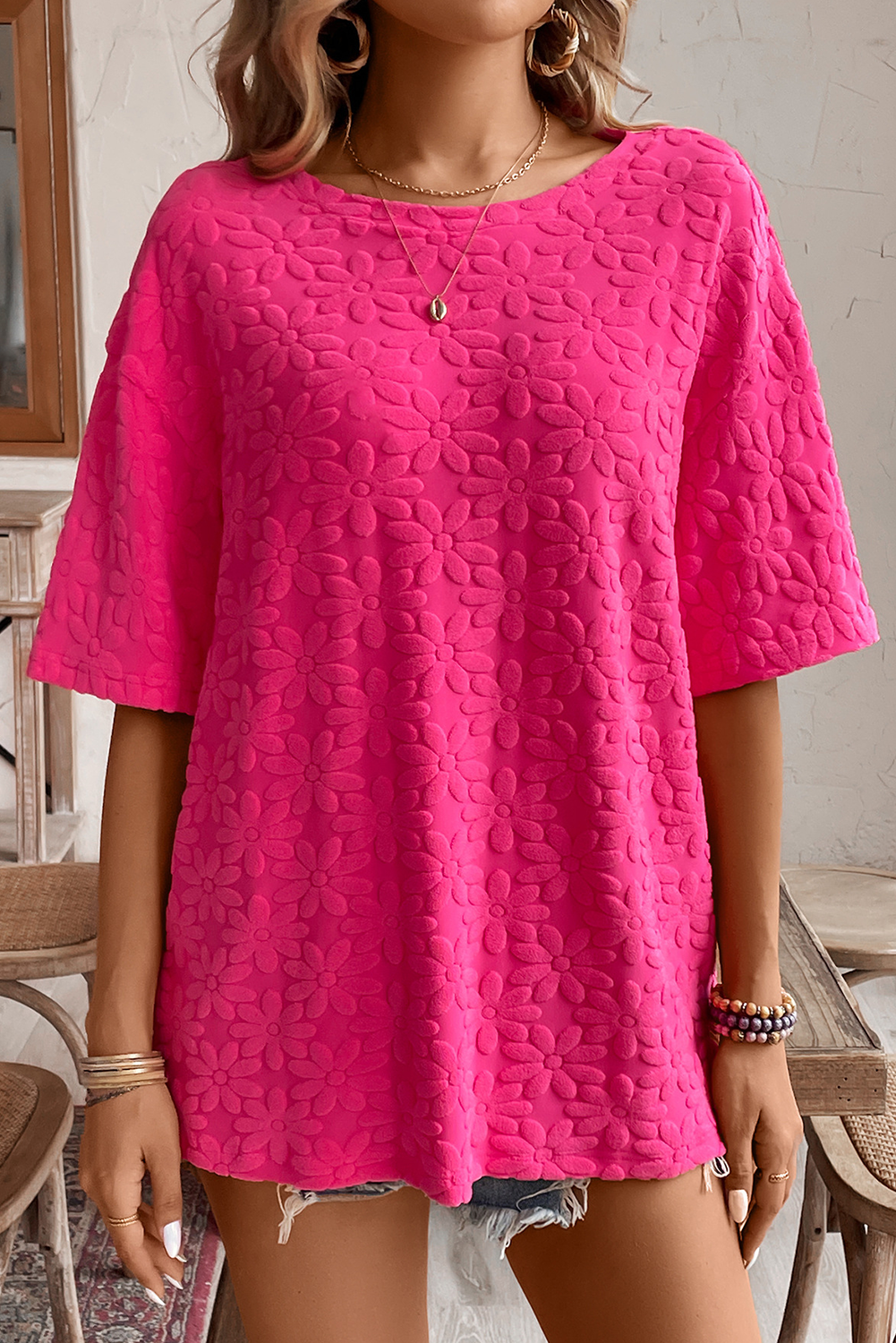 Rose Red Daisy Flower Jacquard Half Sleeve T Shirt