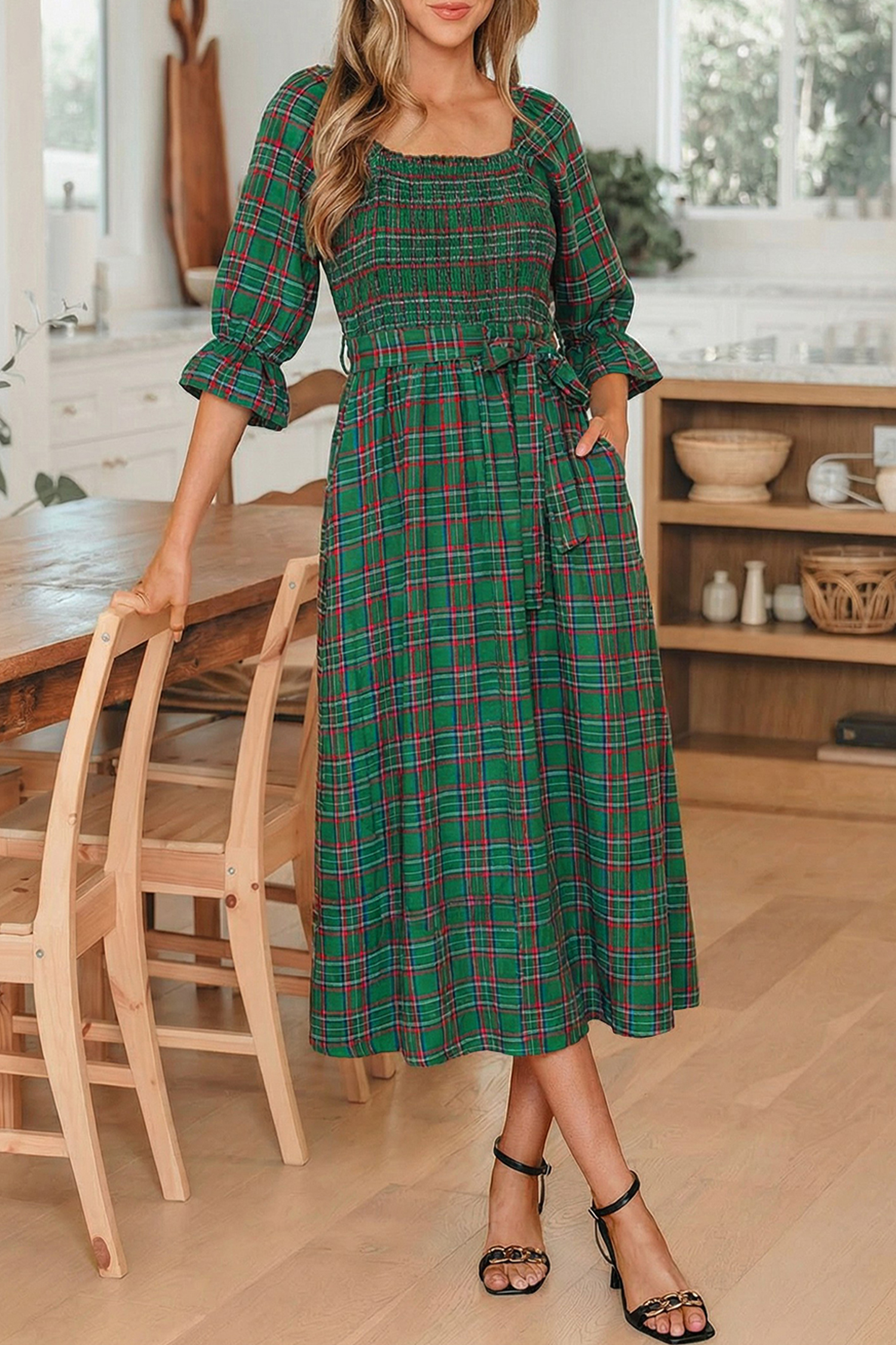 Red Tartan Plaid Square Neck Puff Sleeve Knot Waist Flared Midi Dress