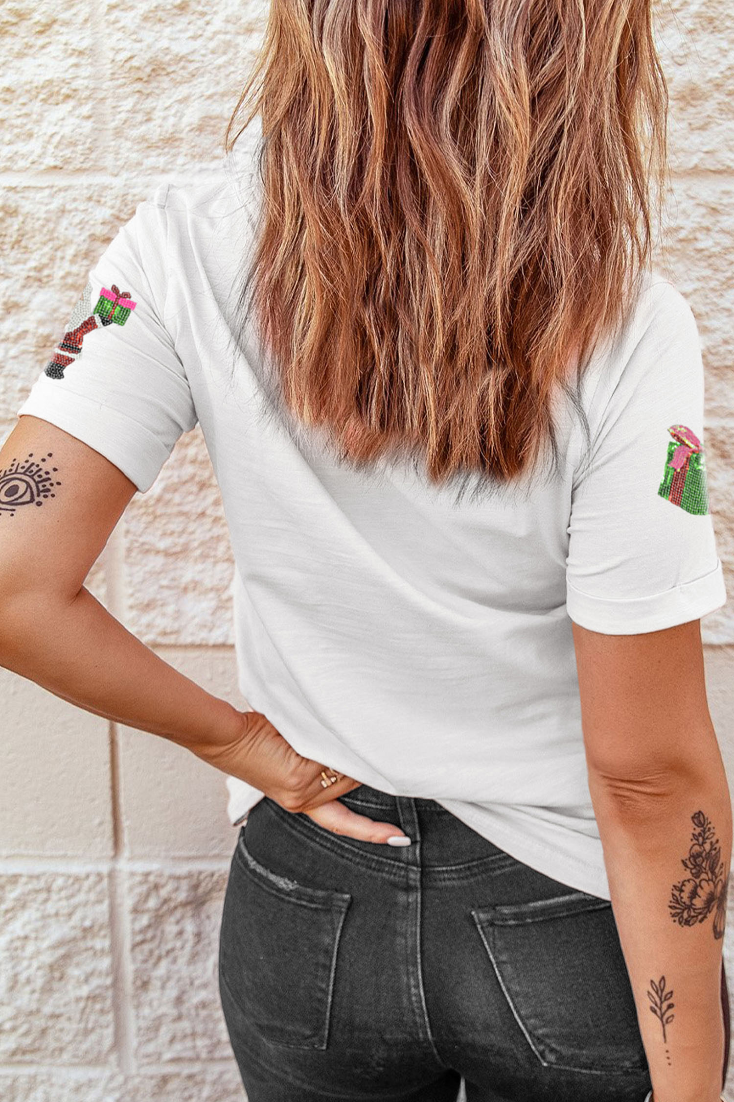 White Santa Deliver Gift Sequin Patched Christmas T Shirt