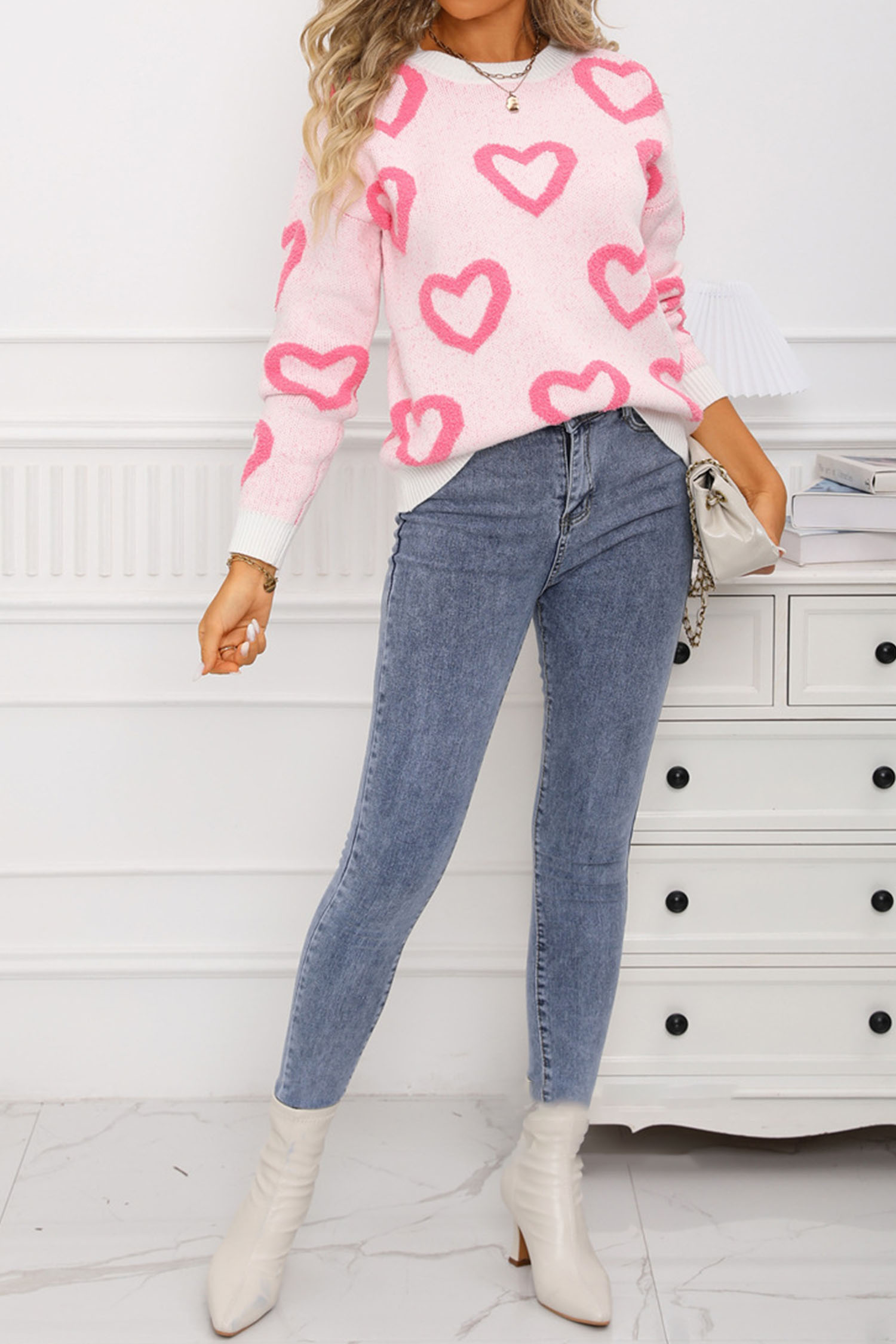 White Chenille Heart Print Valentines Day Sweater