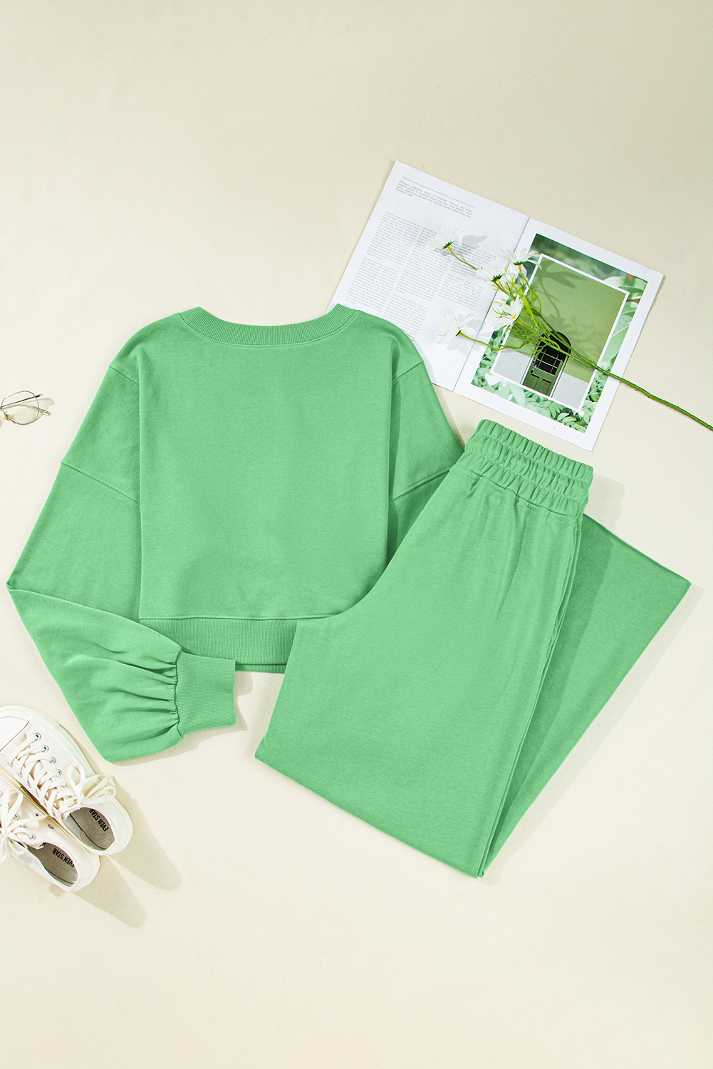 Bright Green Drop Shoulder Puff Sleeve Crop Pullover Drawstring Wide Leg Pants Set