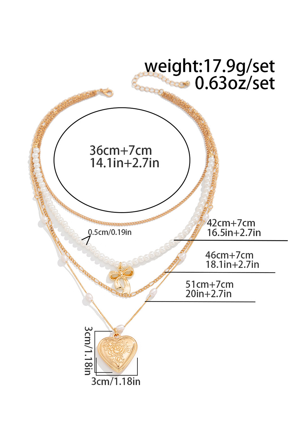 Gold Plated Bow Heart Pendant Pearl Beading Multilayer Necklace
