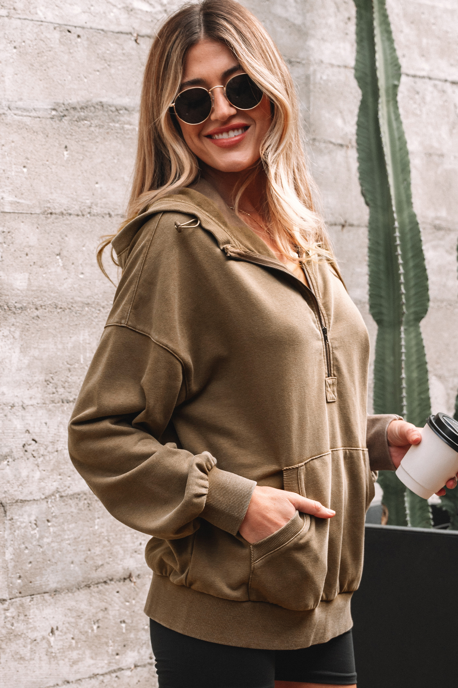 Canton Half Zip Kangaroo Pocket Mineral Wash Baggy Hoodie