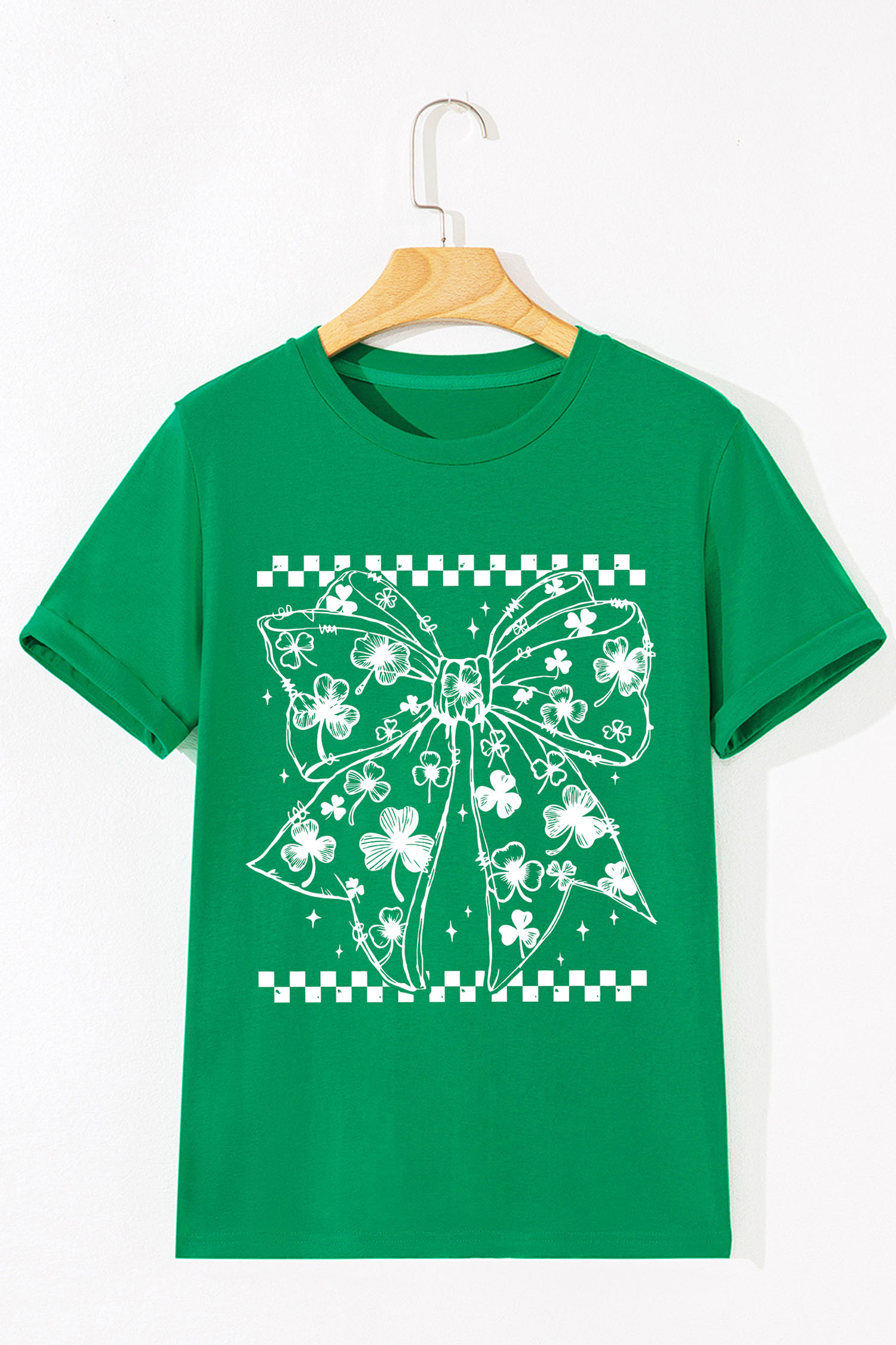 Bright Green Cute Clover Bow Checkered Detail Casual T Shirt