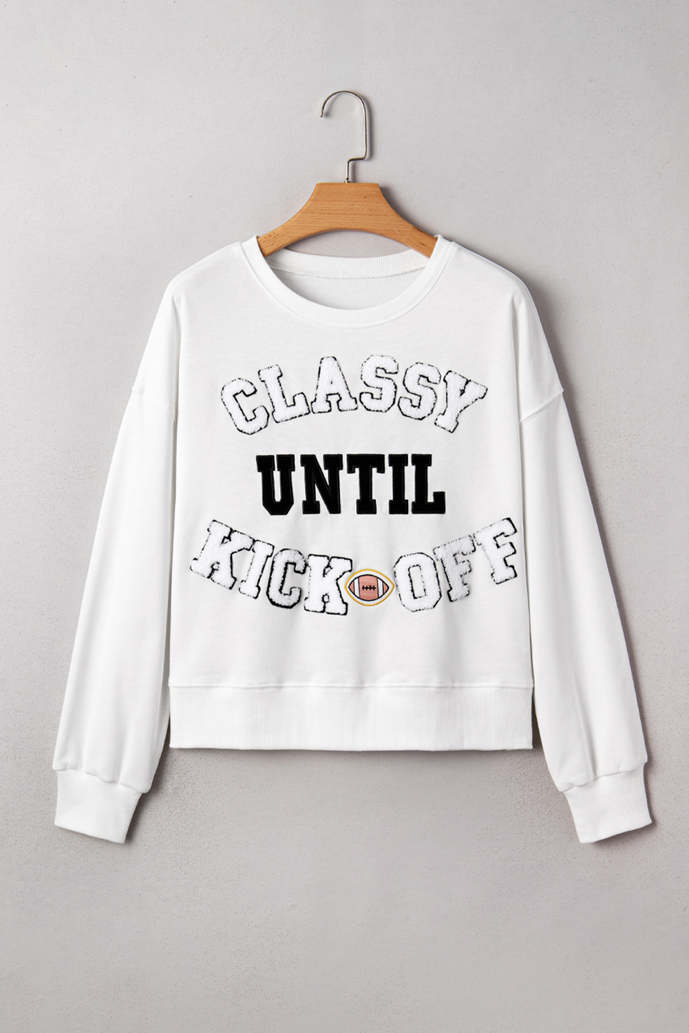 Black CLASSY UNTIL KICKOFF Plush Letter Patched Loose Sweatshirt