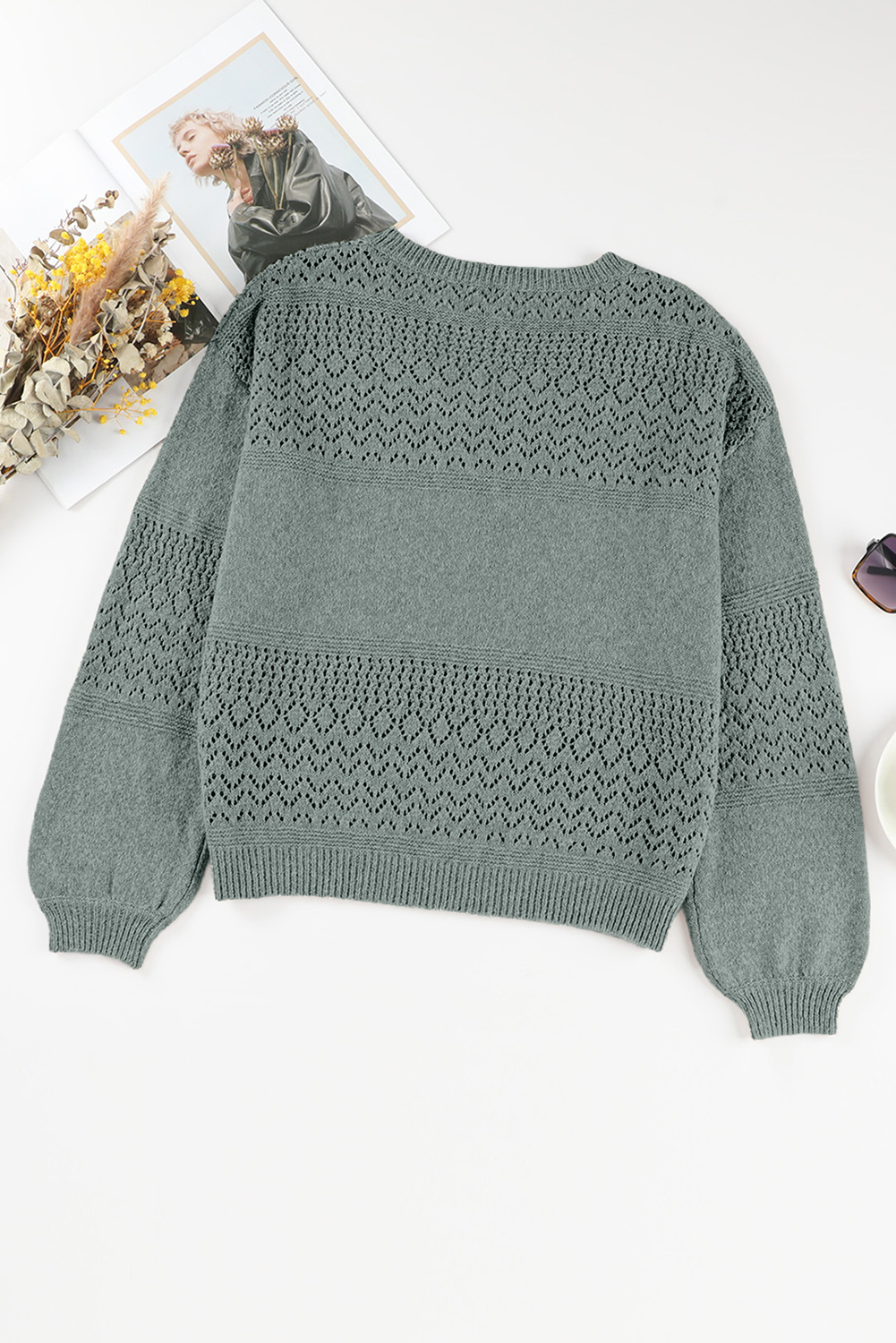 Sky Blue Eyelet Pattern Detail V Neck Drop Shoulder Sweater