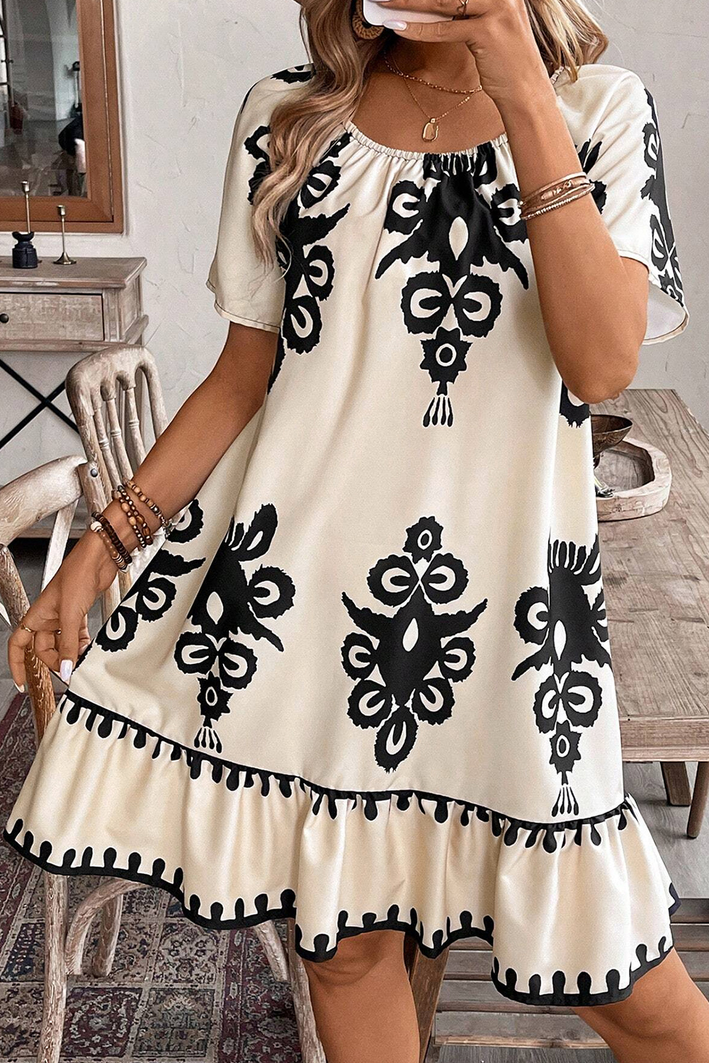 Beige Geometric Printed Sleeveless Hollowed Bowknot Back Mini Dress