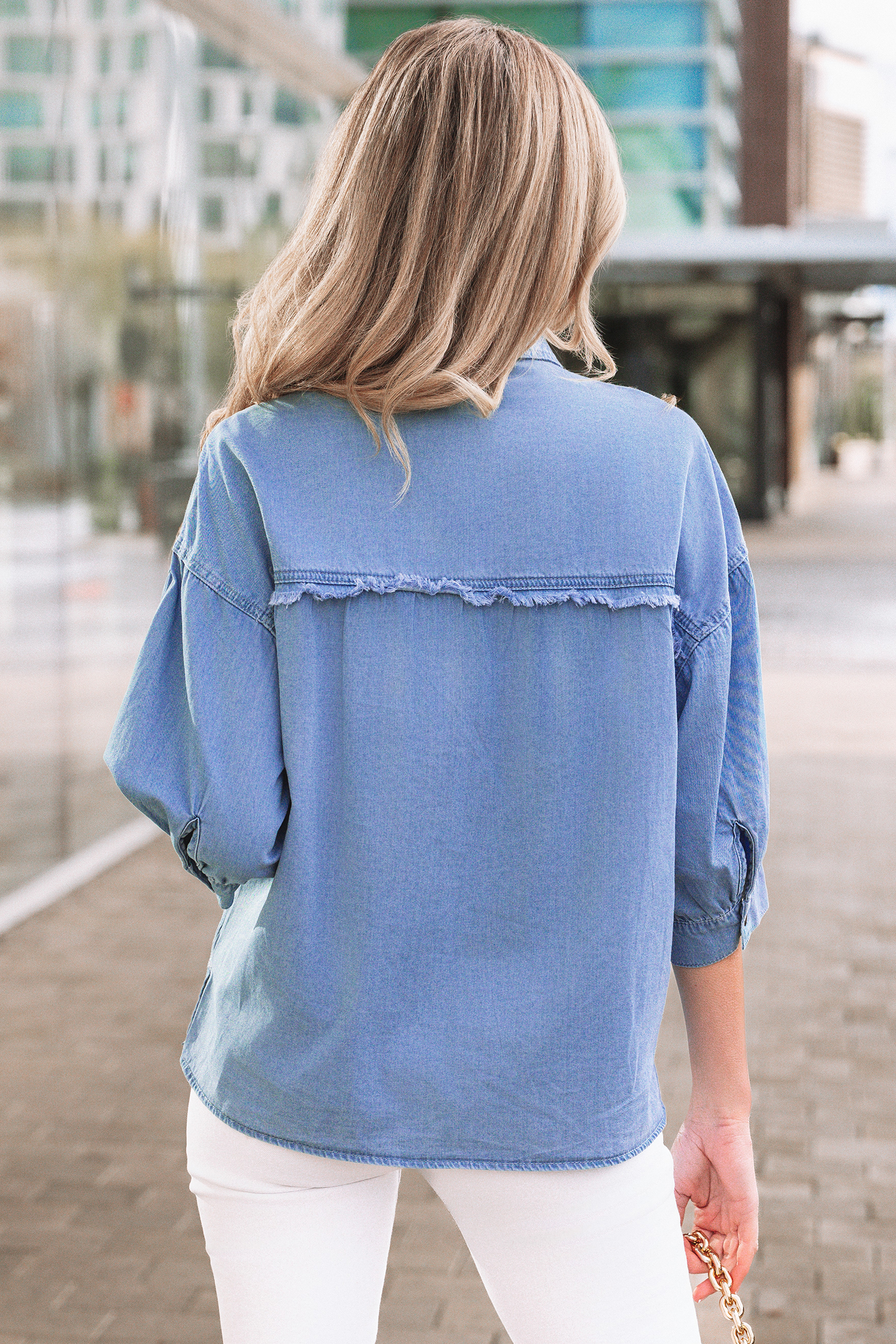 Myosotis Washed Drop Shoulder Bracelet Sleeve Chambray Shirt