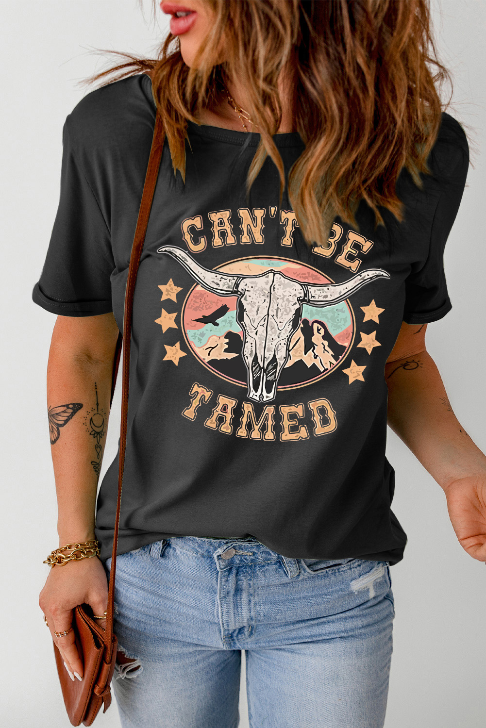 White Bull Skull American Flag Graphic Tee