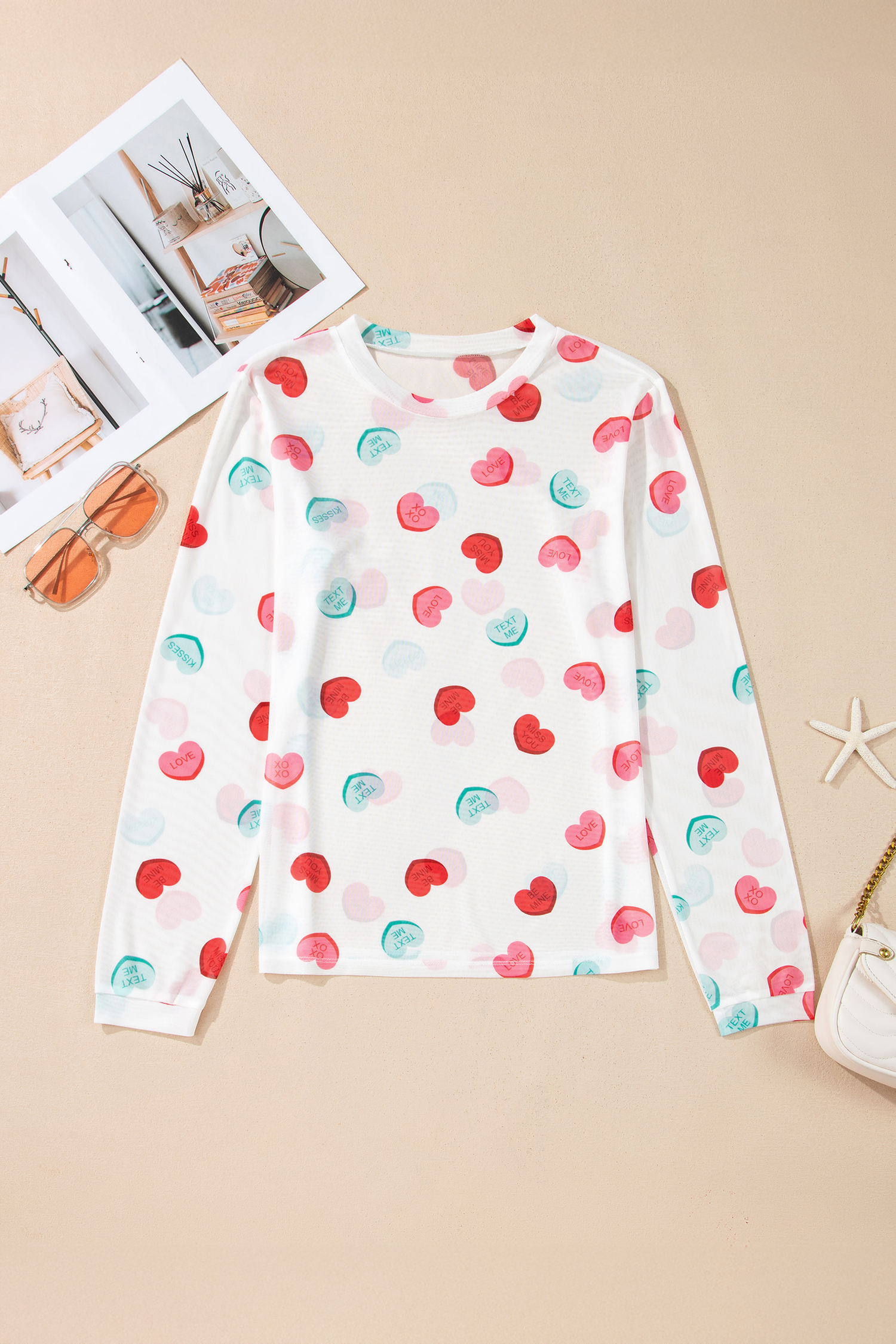 White Sheer Mesh Valentines Slogan Heart Printed Long Sleeve Top