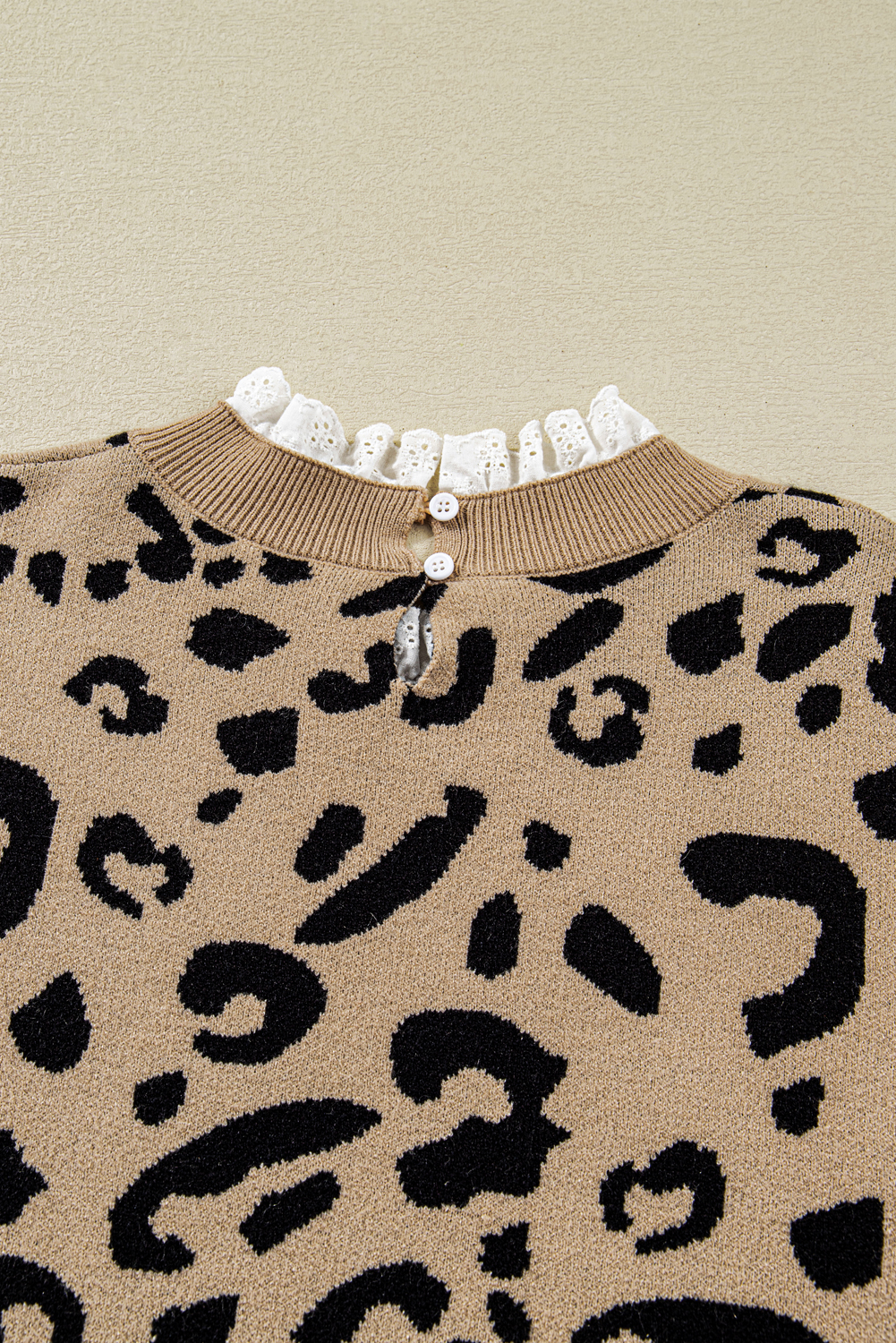 Dearlovers Brown Leopard Pattern Lace Ribbed Detail Button Cuffed Sweater