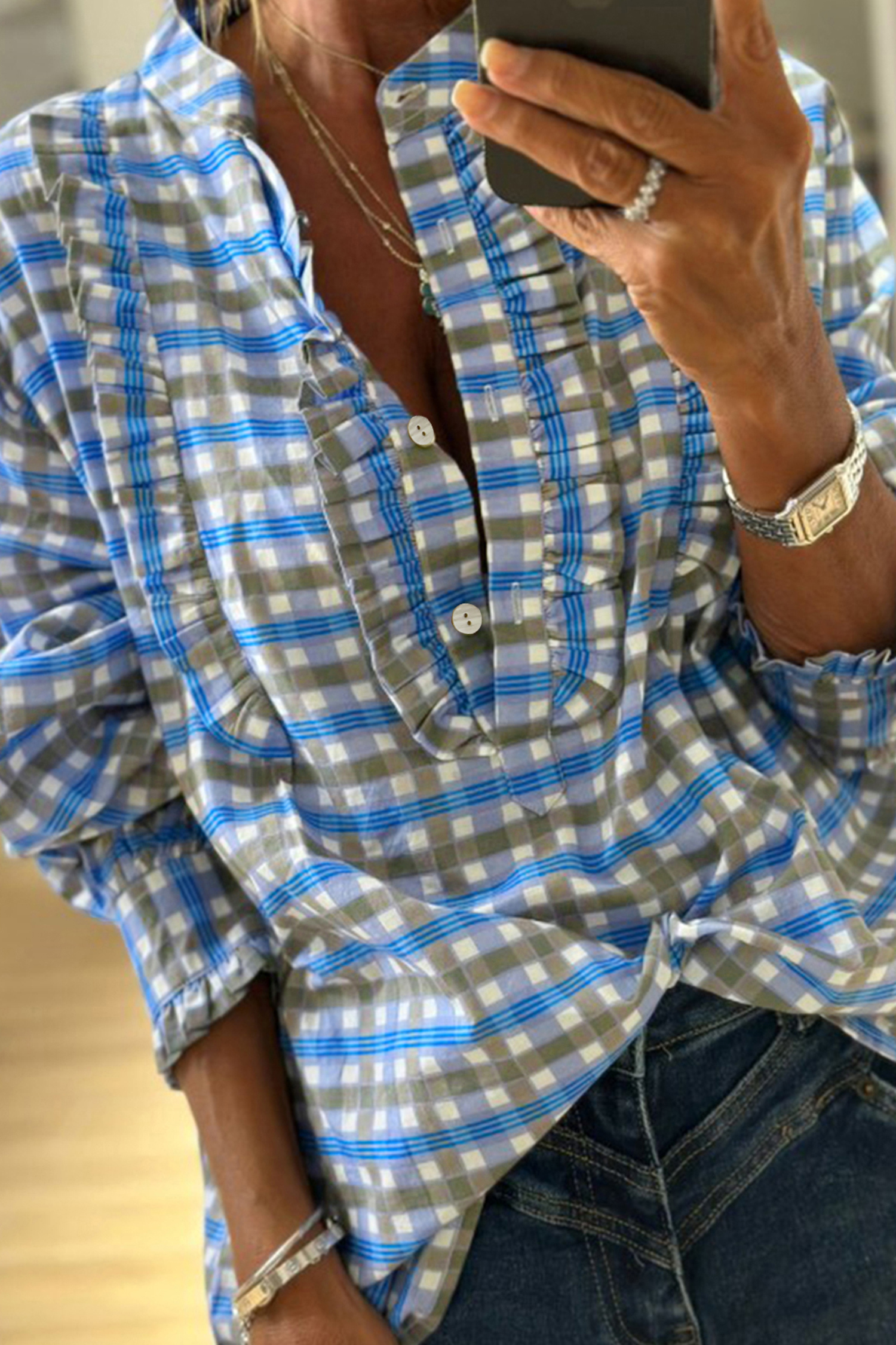 Sky Blue Plaid Long Sleeve Frilled Detail Half Button Blouse