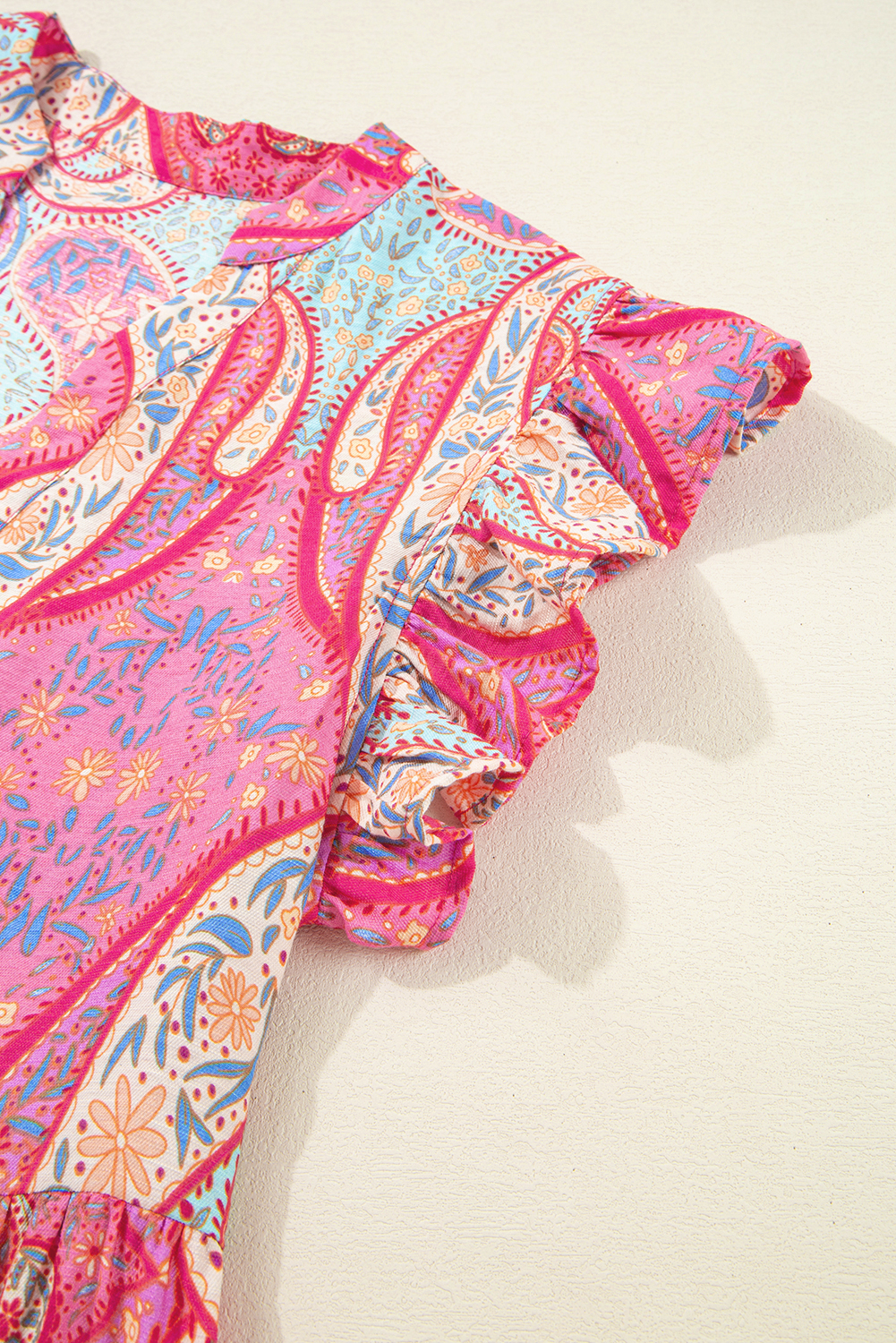 Rose Tribal Paisley Print Ruffled Sleeve Notch Neck Midi Dress