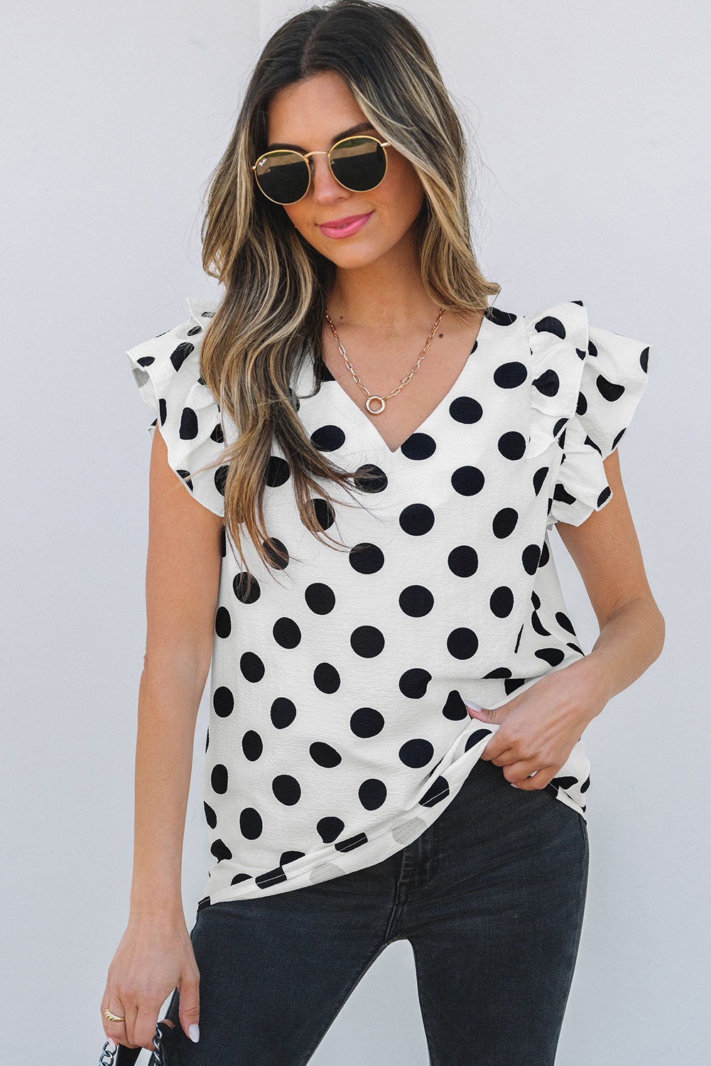 Black Polka Dot Print Ruffled Sleeve V Neck Blouse