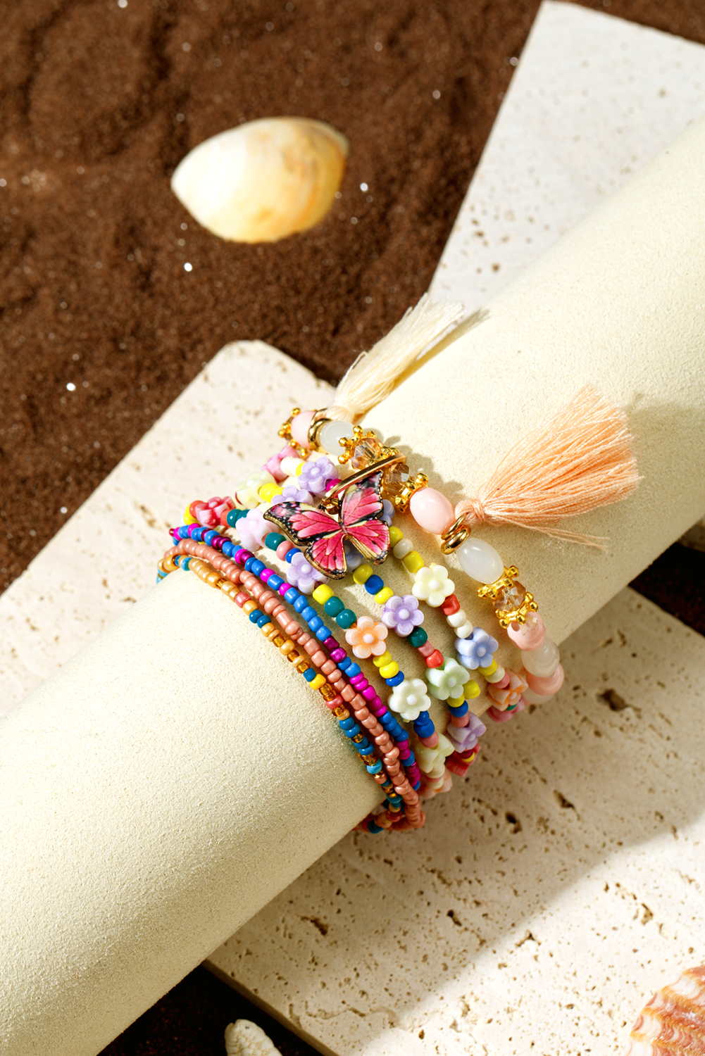 Peach Blossom 7pcs Handmade Beaded Bohemian Style Butterfly Tassel Bracelet Set