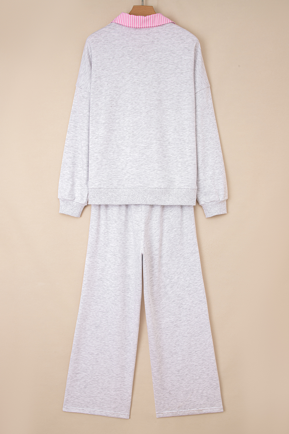 Light Grey 2pcs Contrasted Trim Frilled Collar Drop Shoulder Pullover Drawstring Pant Set