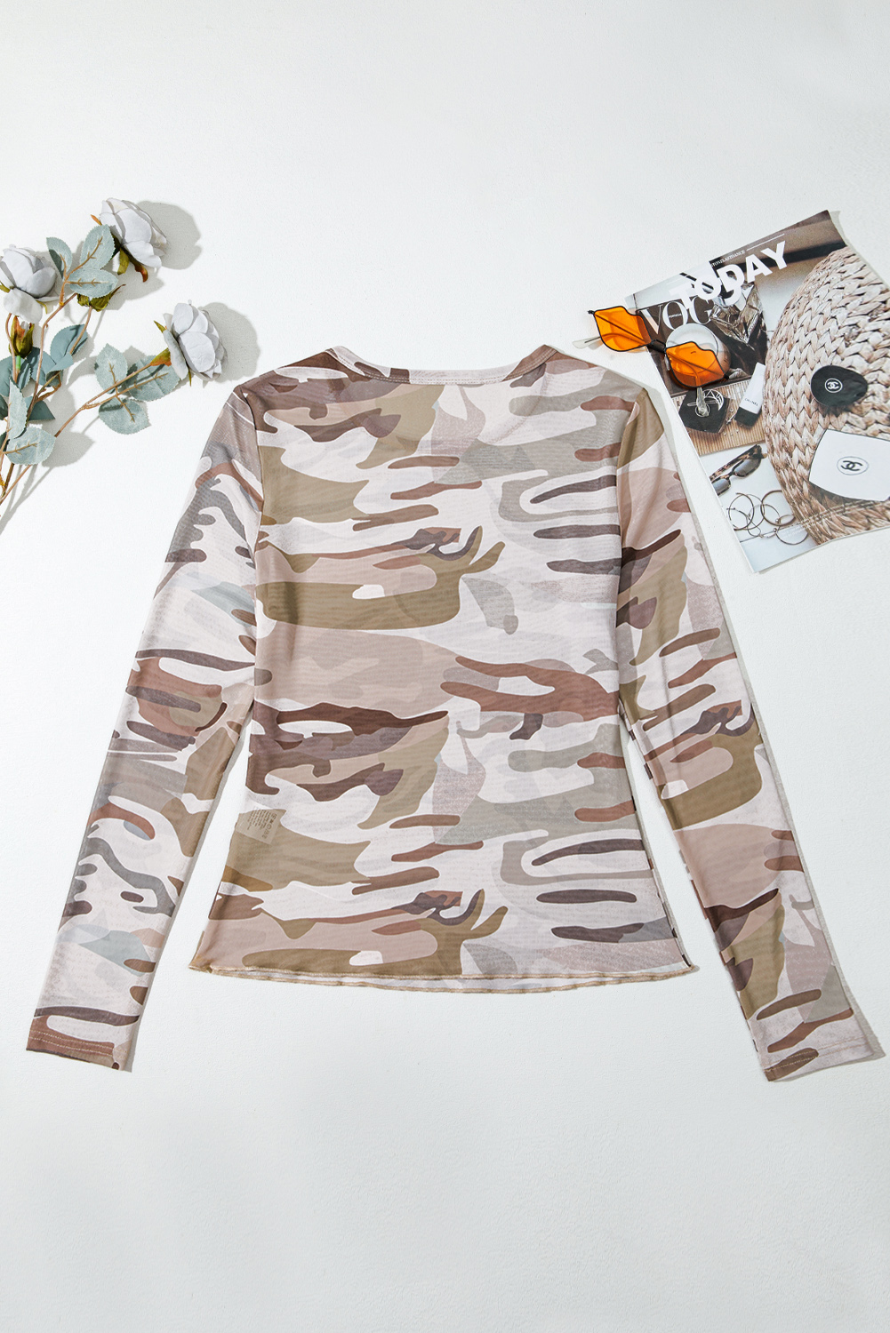 Western Fashion Camouflage Print Mesh Long Sleeve Top