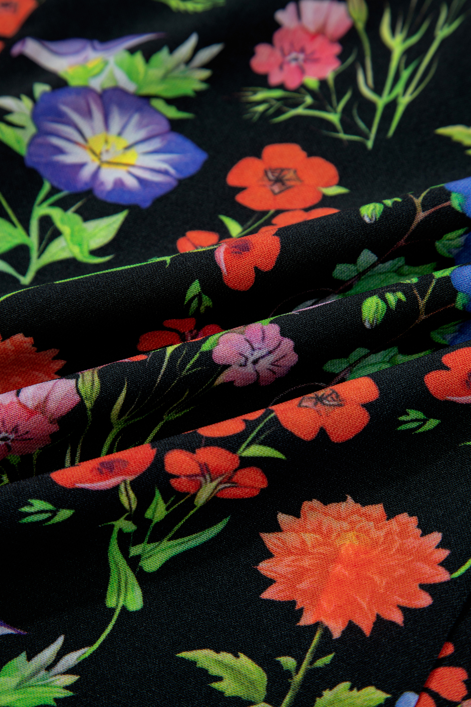 Black Tiered Flutter Sleeve V Neck Flower Blouse