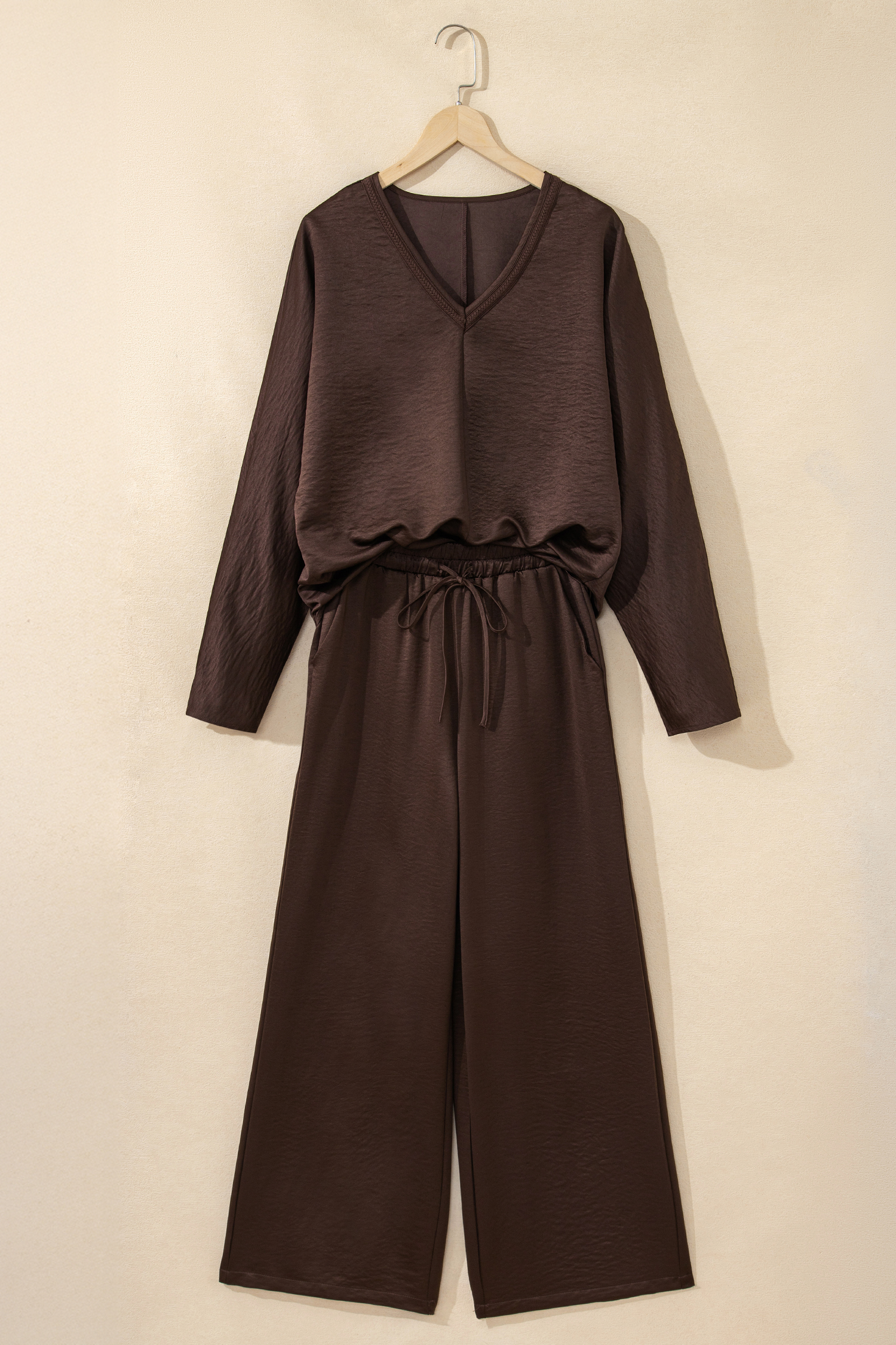 Dark Brown Braided V Neck Long Sleeve Loose Top and Drawstring High Waist Pants 2pcs Outfit