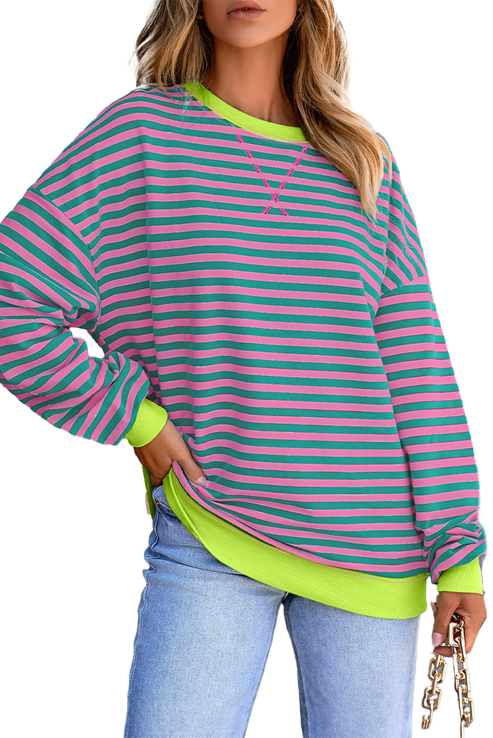 Red Stripe Contrast Ribbed Trim Crossed Stitch Drop Shoulder Sweatshirt