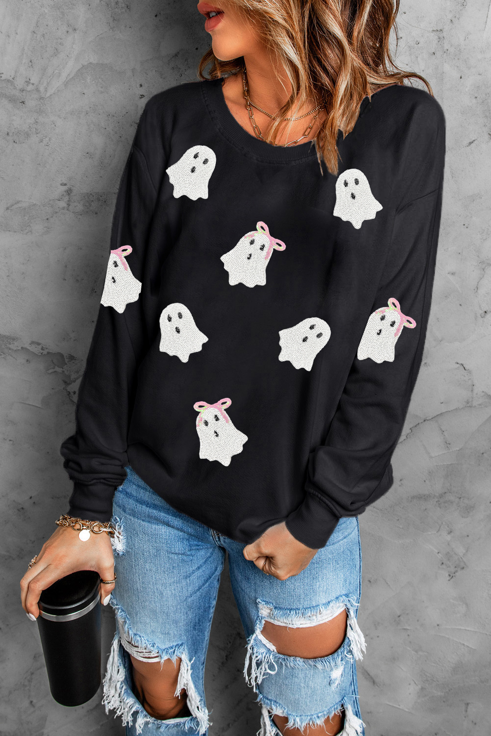 Wisteria Glitter Trim Chenille Ghost Patched Halloween Graphic Tee