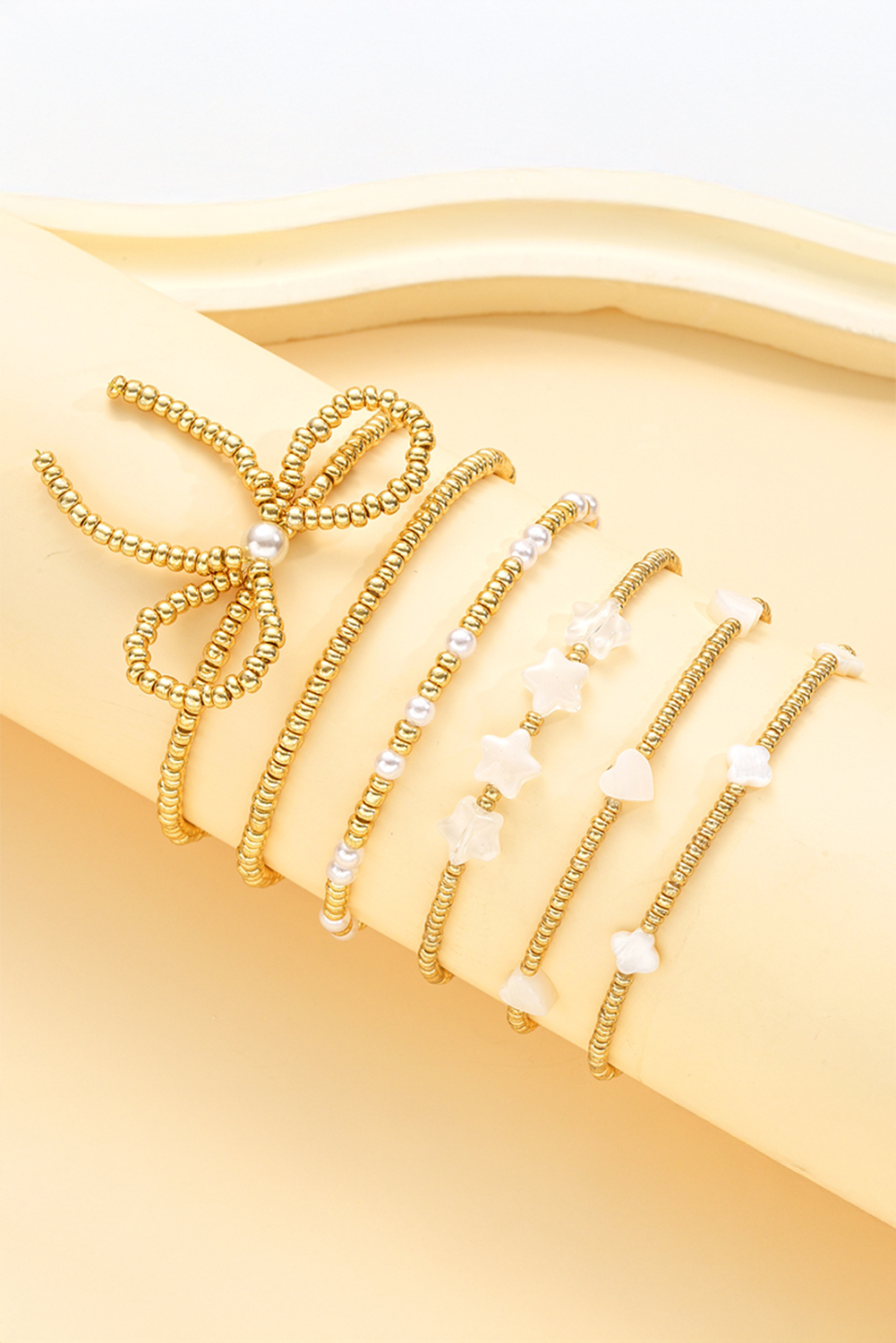 Gold Bow Knot Star Heart Beaded Multi Layer Bracelet