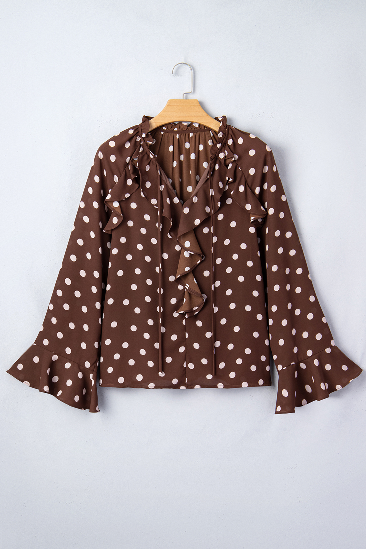 Coffee Polka Dot Print Ruffle Trim V Neck Long Bell Sleeve Blouse