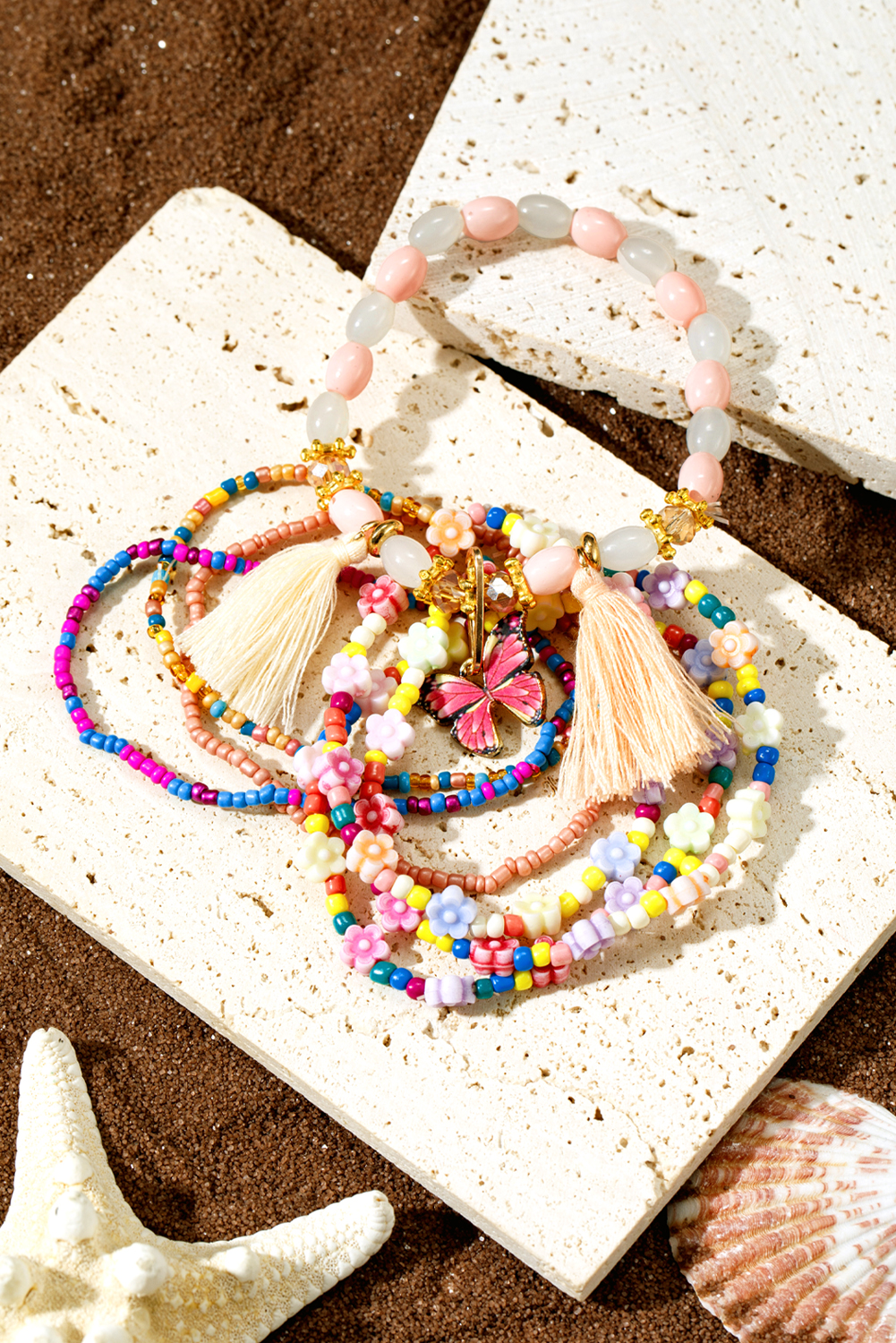 Peach Blossom 7pcs Handmade Beaded Bohemian Style Butterfly Tassel Bracelet Set
