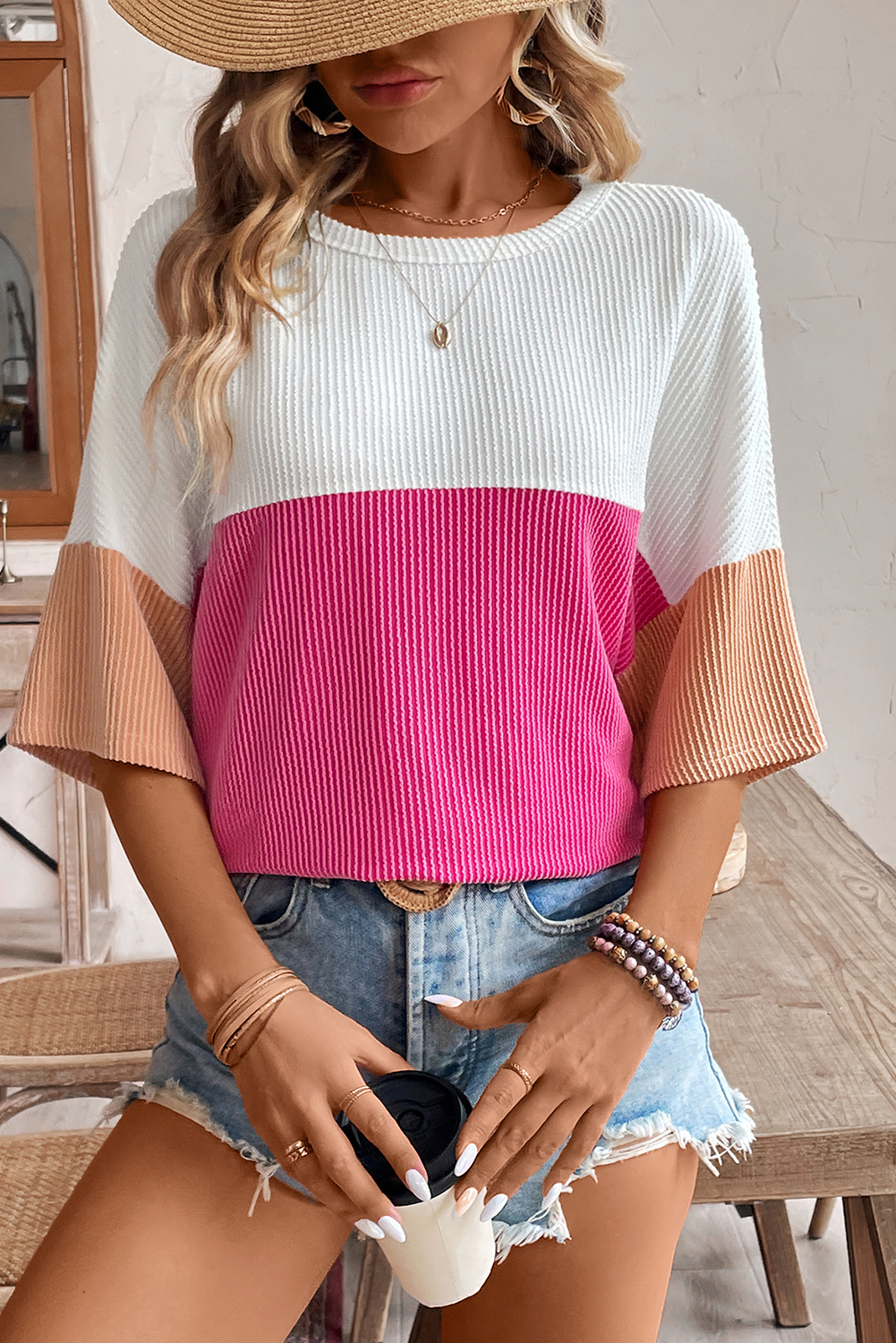 Strawberry Pink Colorblock Corded Drop Shoulder Short Sleeve Top