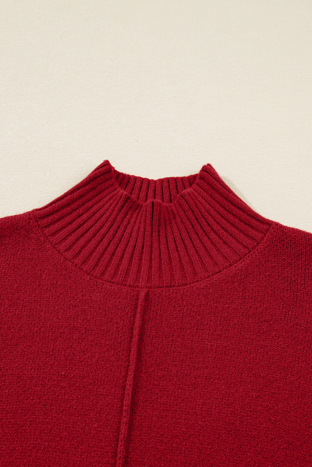 Fiery Red Ribbed High Neck Front Pockets Center Seam Shift Sweater Dress