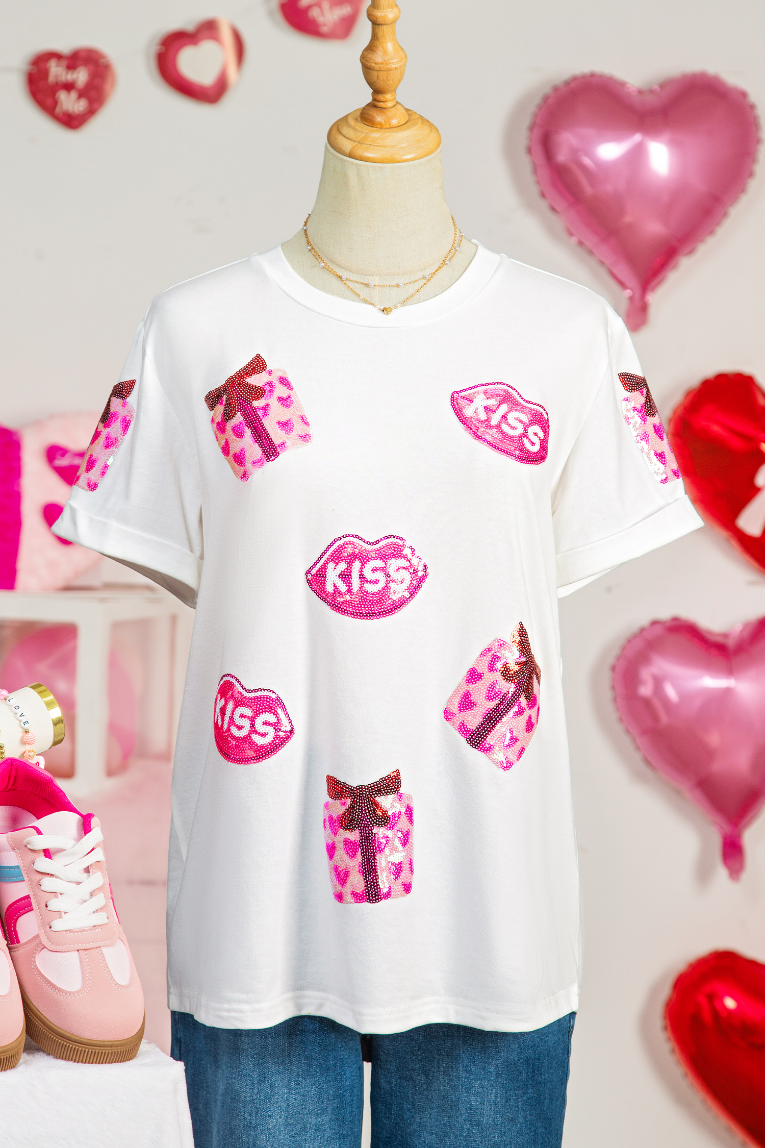 White Valentines Gift Kiss Lip Sequin Graphic T Shirt
