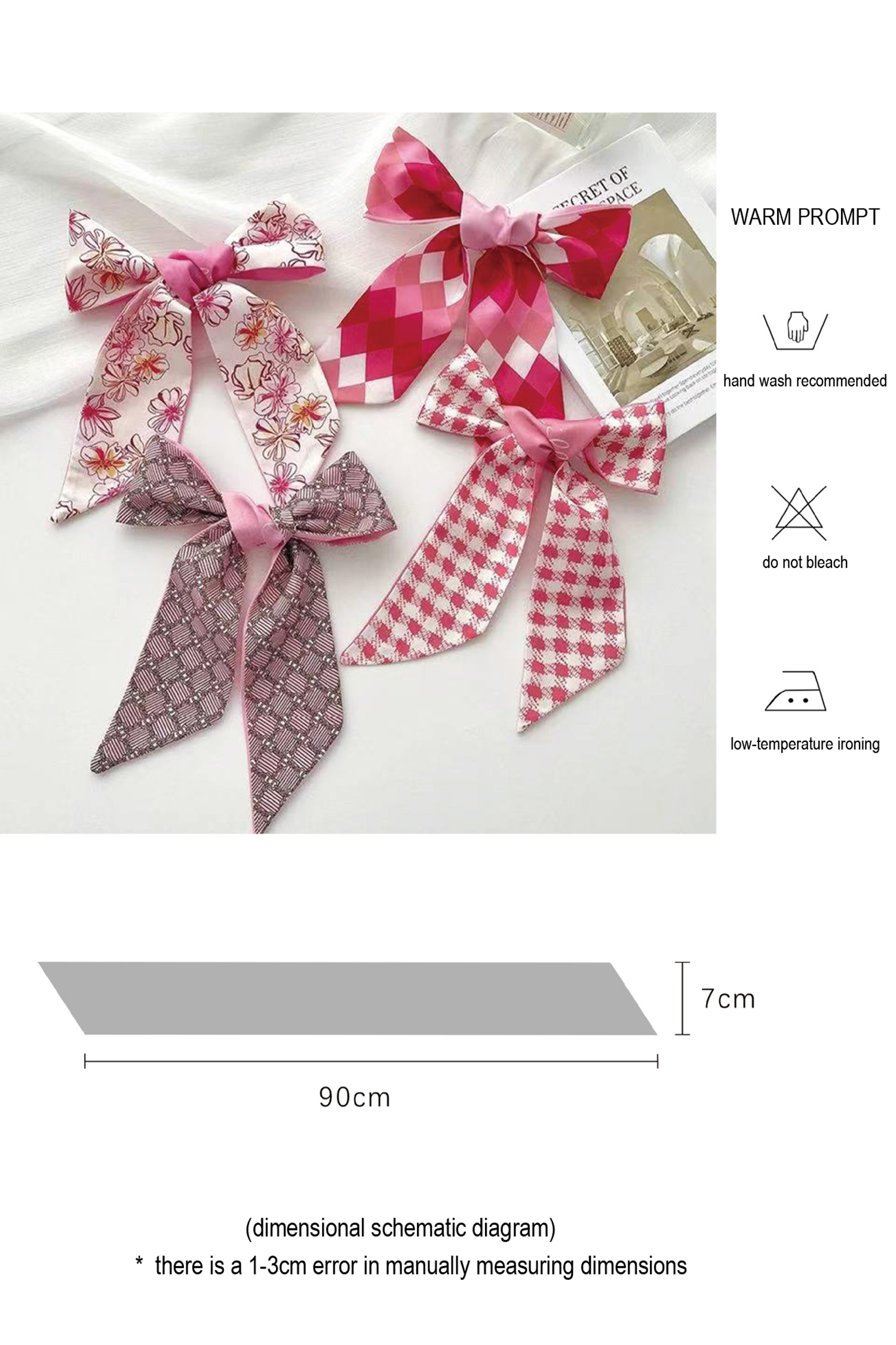 Rose Red Valentines Day Sweet Rhombus Print Ribbon Hair Band Silky Scarf