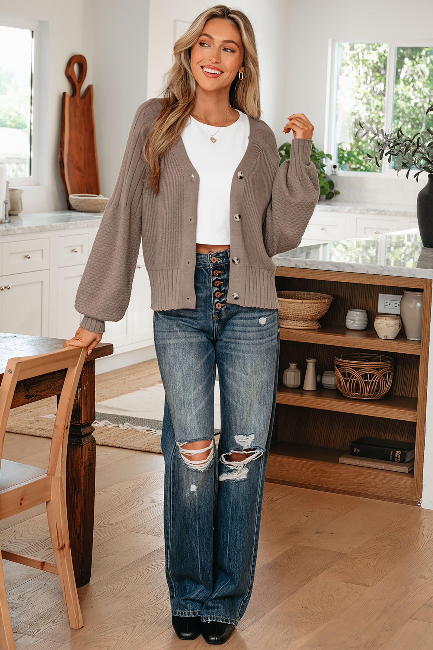 Light Pink Mixed Texture Knit Button V Neck Sweater Cardigan