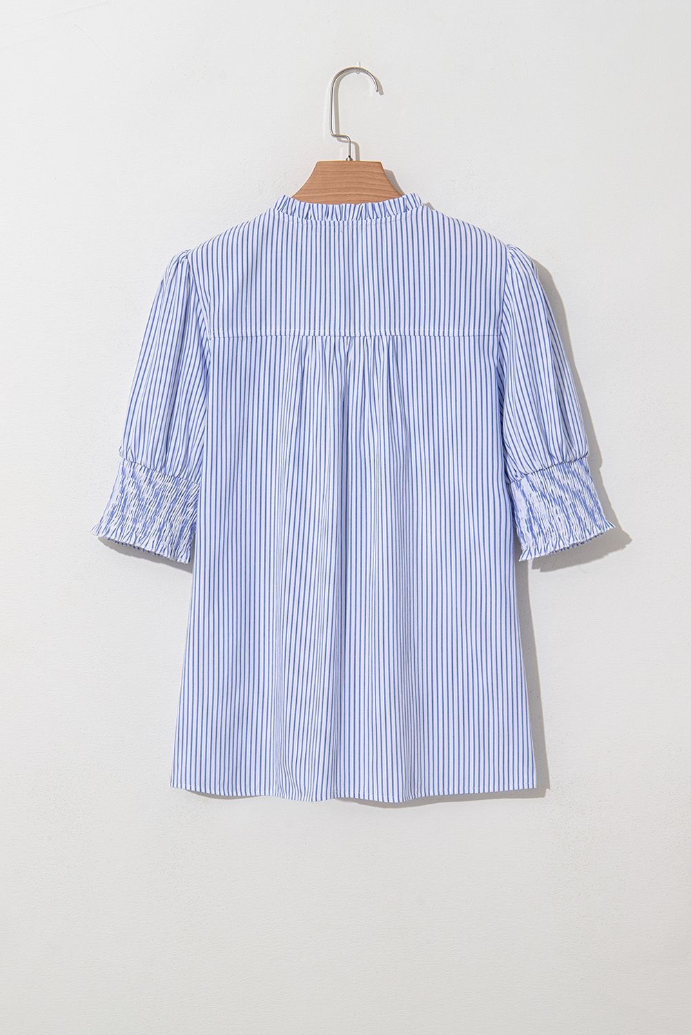 Gray Stripe Shirred Detail V Neck Puff Half Sleeve V Neck Blouse