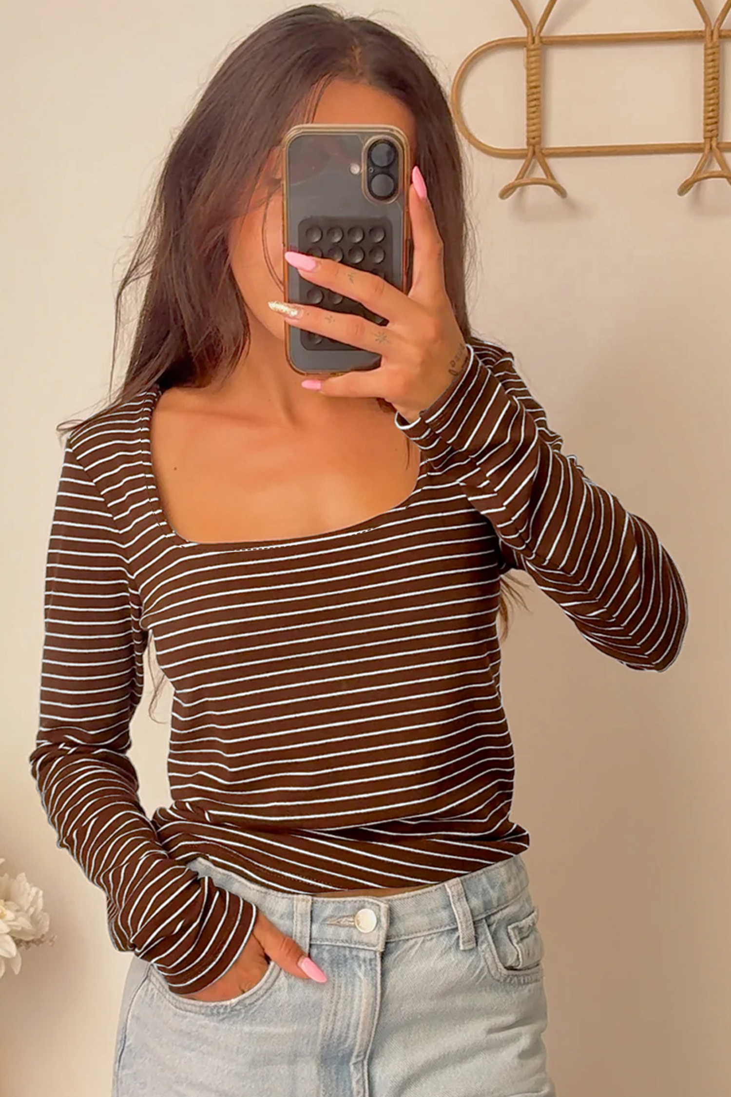 Brown Stripe Square Neck Long Sleeve Top