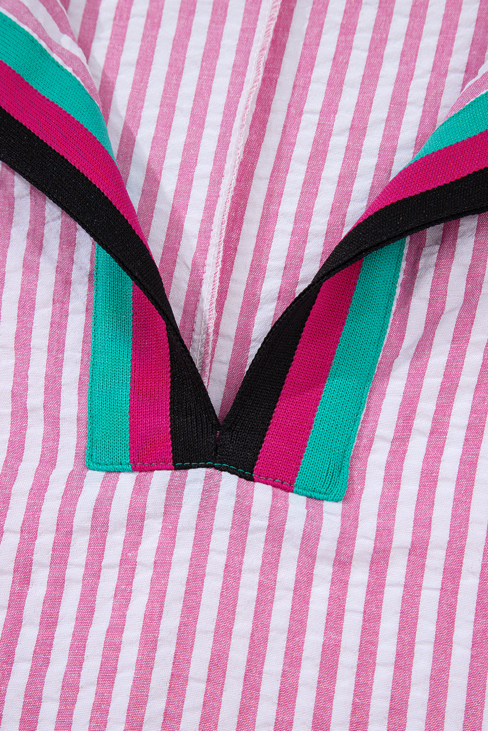 Sachet Pink Striped Print Contrast Split Neck Dolman Sleeve Blouse