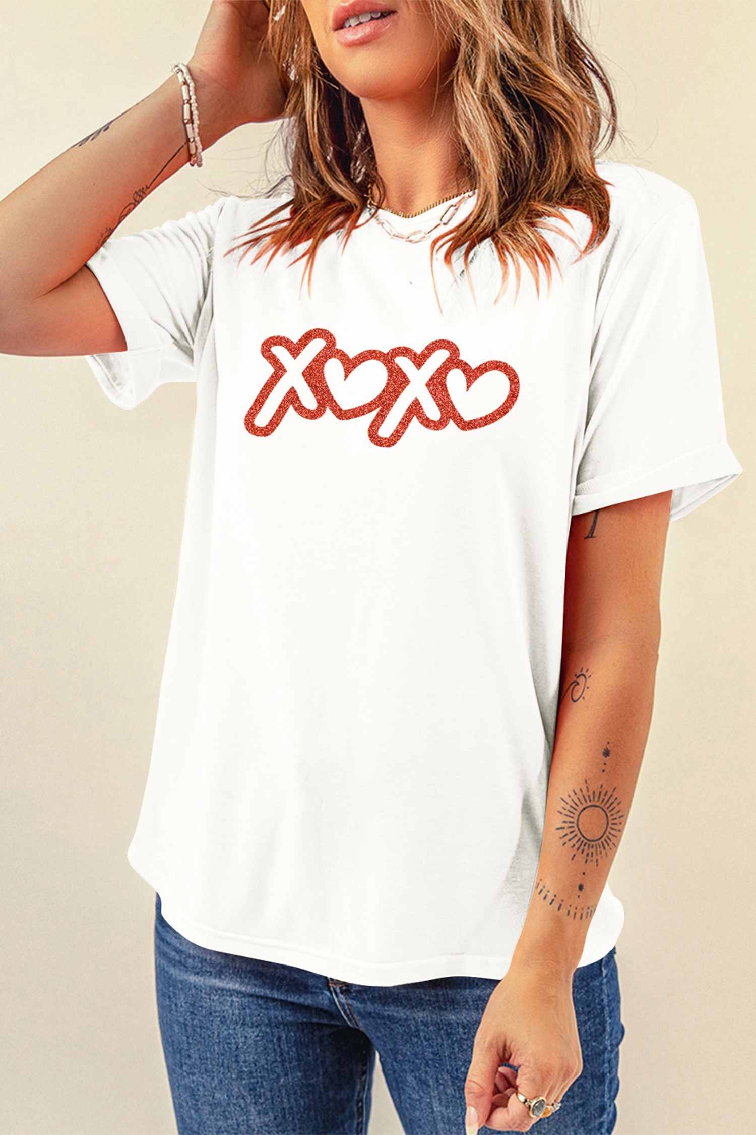 White XOXO Foil Glitter Print Valentines Day T Shirt