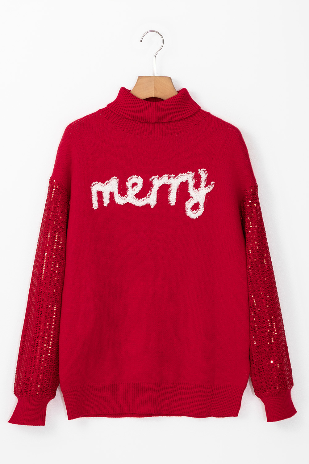 Fiery Red Merry Letter Embroidered High Neck Sweater