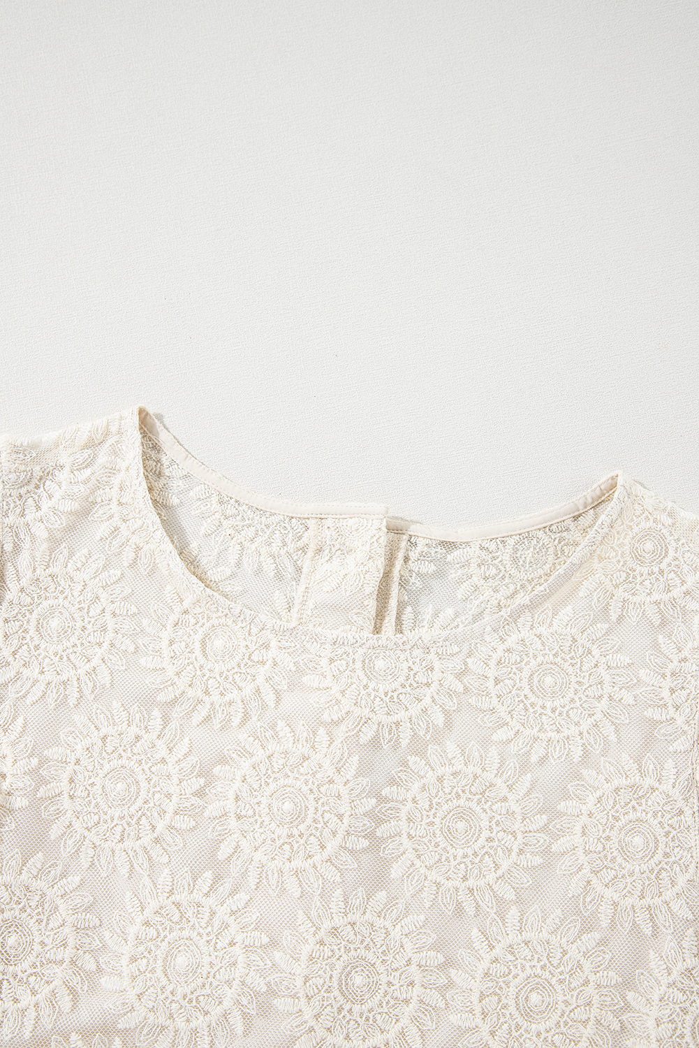 Oatmeal Flower Jacquard Button Back Ruffled 3/4 Sleeve Blouse