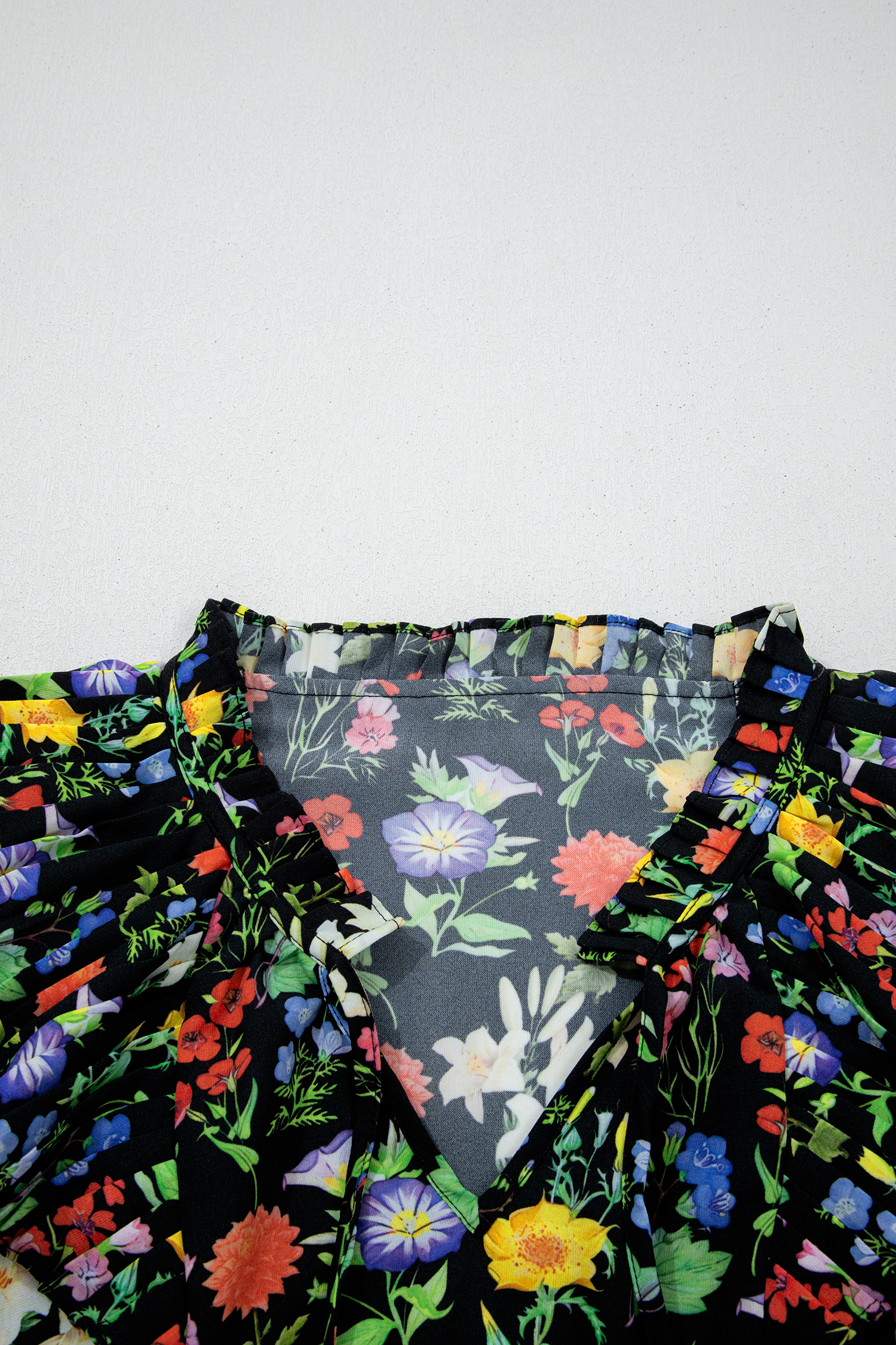 Black Tiered Flutter Sleeve V Neck Flower Blouse