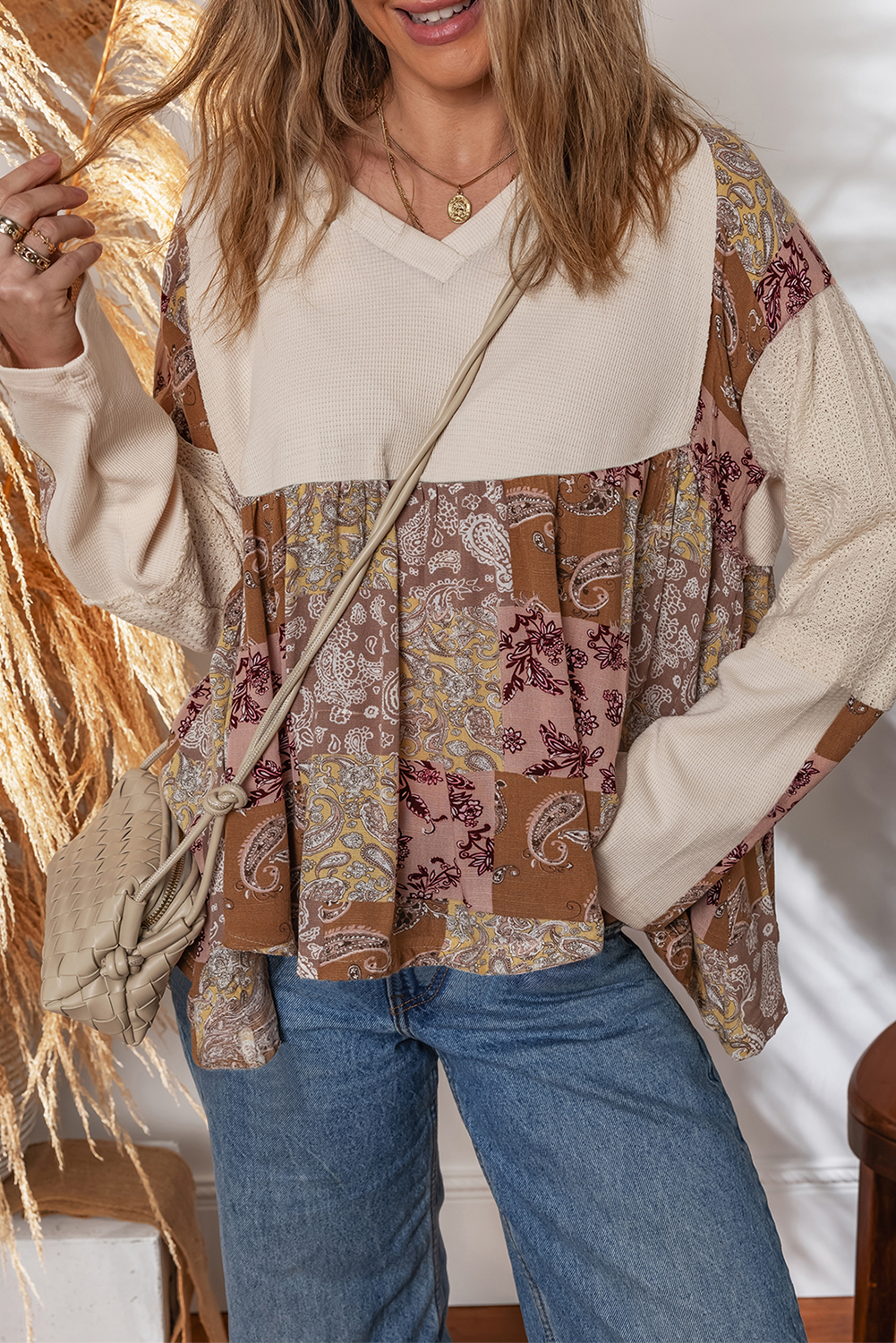 Beige Paisley Ethnic Print Contrast Patchwork Long Sleeve Loose Top