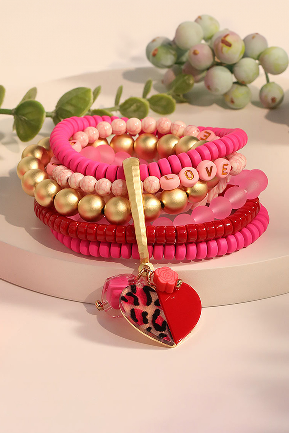 Rose Red Multi Beaded Stack Bracelet with Leopard Heart Charm