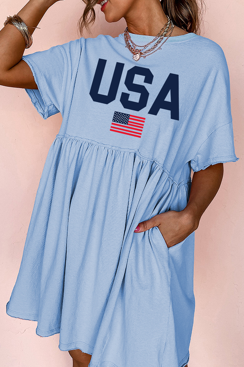 Sky Blue USA Flag Print Short Sleeve High Waist Babydoll Dress