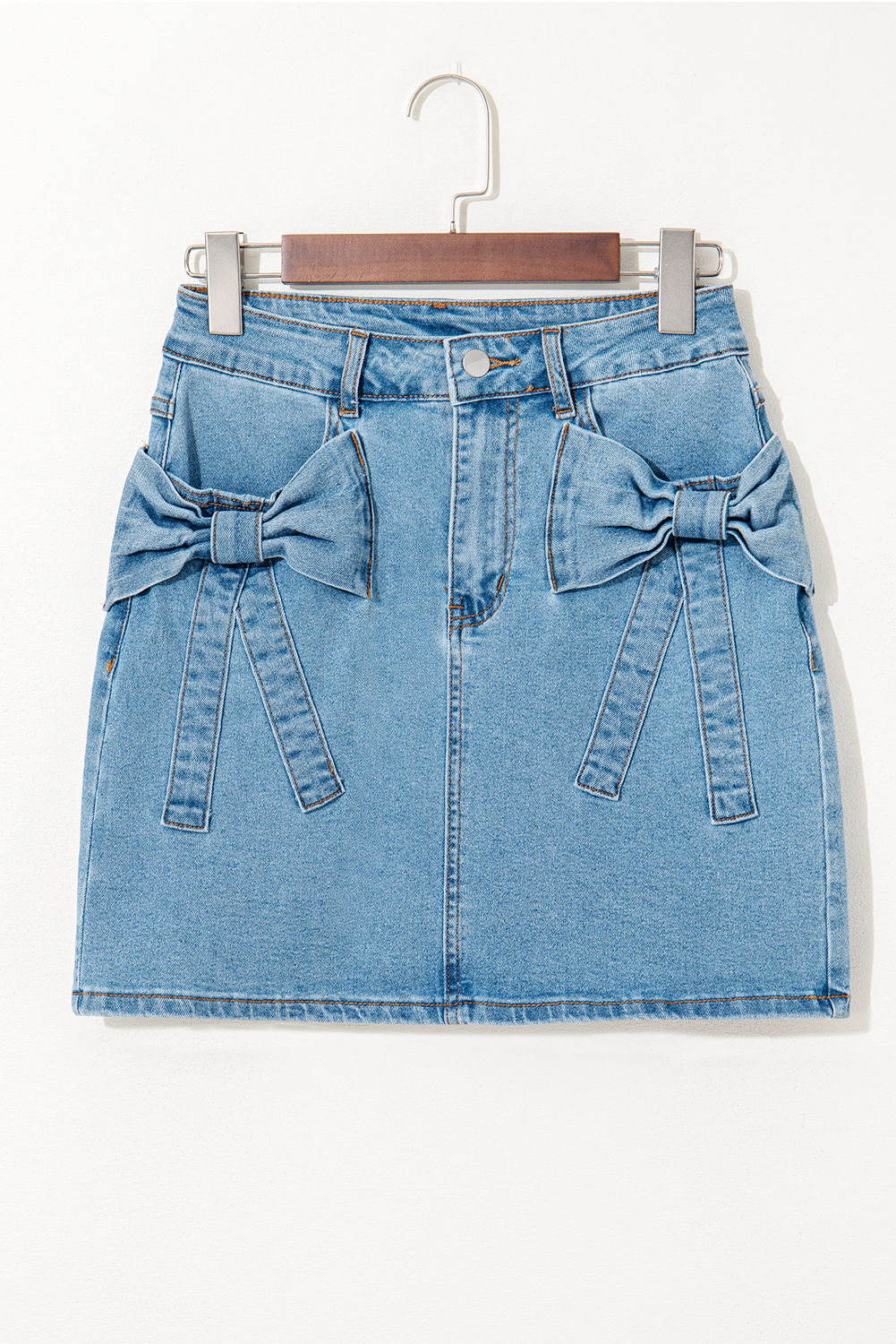 Dusk Blue Acid Wash Bowknot Details High Waist Denim Skirt